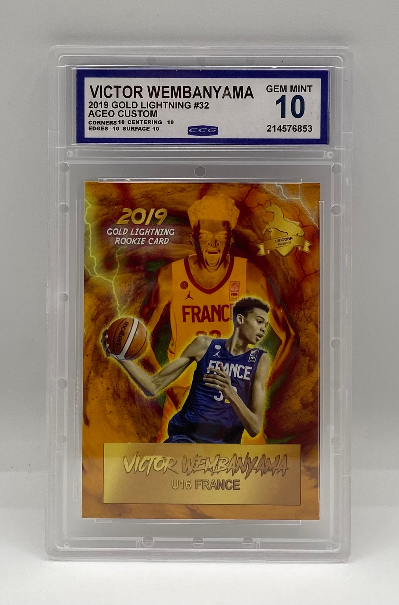 Victor Wembanyama ACEO Card: 2019 Gold Lightning Victor Wembanyama U16 France ACEO Custom Card – CCG Gem Mint 10