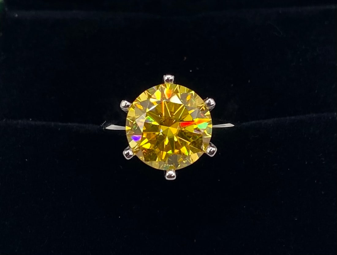 5.00 CT Canary Yellow Round Moissanite 6-Prong Ring, 18K Gold Plated 925 Silver, Size 7 (1 of 2)