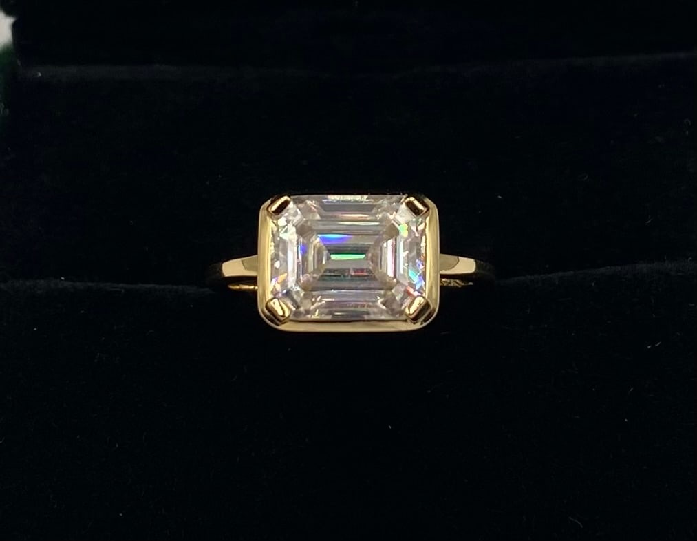3CT Emerald Cut Moissanite Bezel-Set Ring, 18K Gold Plated 925 Silver, Size 7 (1 of 2)