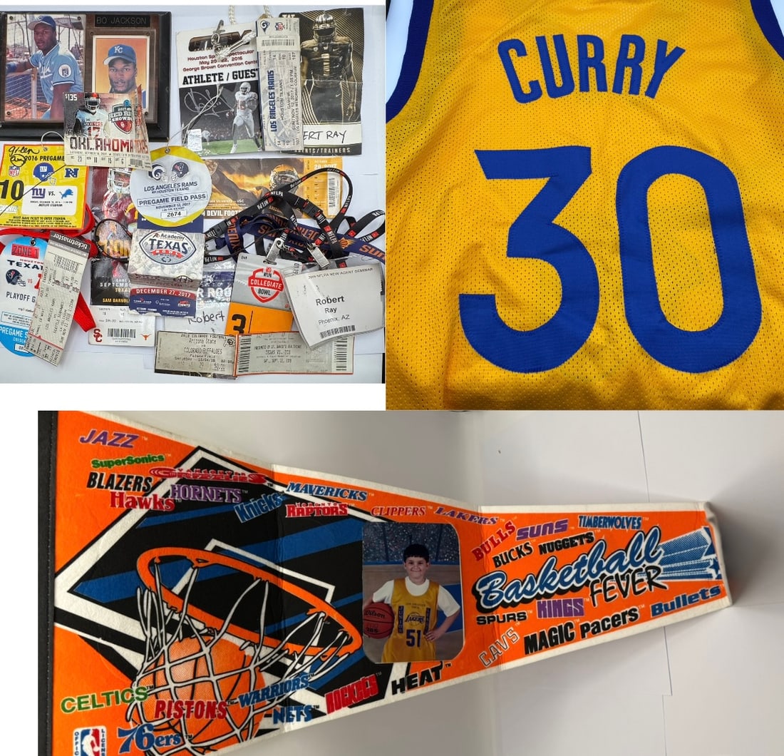 Sports Memorabilia Lot: Bo Jackson Plaque, Steph Curry Jersey, Vtg NFL/NCAA Passes & Tickets (1 of 4)