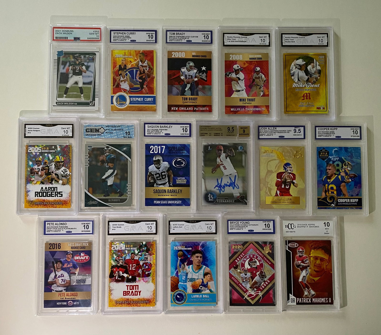 16 Graded Sports Cards Lot: Tom Brady, Steph Curry, Patrick Mahomes, Mike Trout (GMA/PSA 10s) (1 of 2)