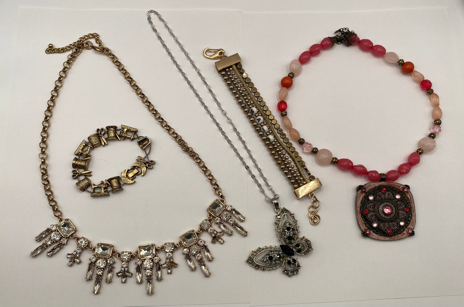 Vintage Estate Jewelry Lot - Rhinestone Statement Necklaces, Novelty Sewing Charm Bracelet & Beaded: Vintage Estate Jewelry Lot - Rhinestone Statement Necklaces, Novelty Sewing Charm Bracelet & Beaded Pendant - 5 Pcs