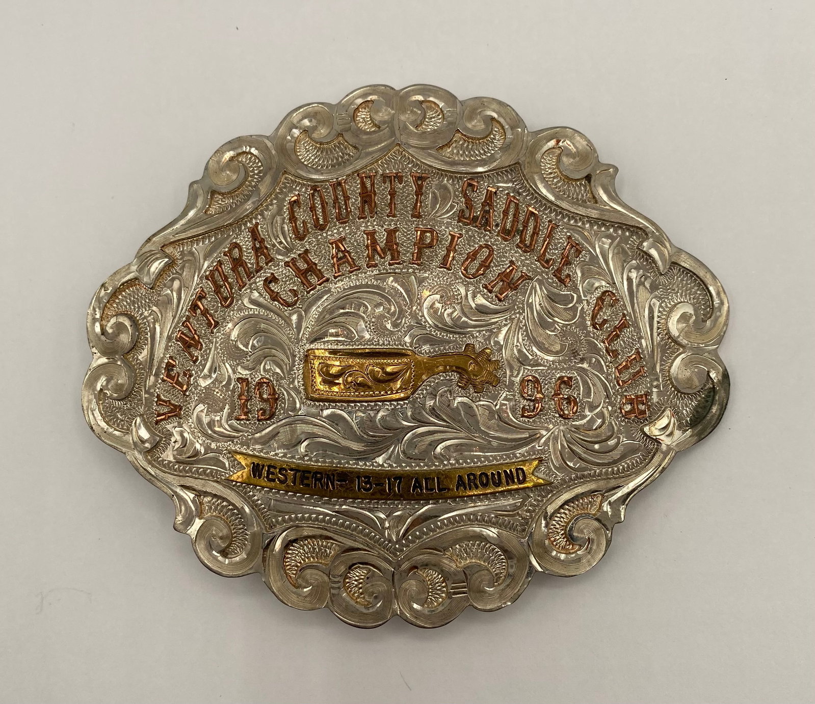1996 Dale Chavez Ventura County Saddle Club Champion Western Trophy Belt Buckle: Up for auction is a beautifully crafted, vintage Western trophy belt buckle handmade by the renowned silversmith Dale Chavez and awarded by the Ventura County Saddle Club in 1996. Famous for his