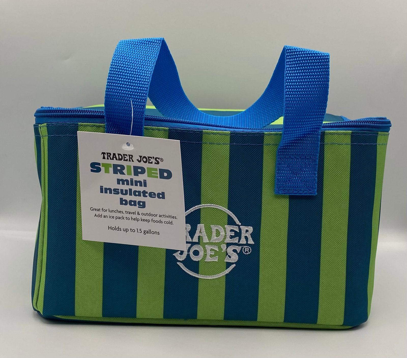 Trader Joe's Striped Mini Insulated Bag – Blue & Green Cooler Tote (NWT) (1 of 2)