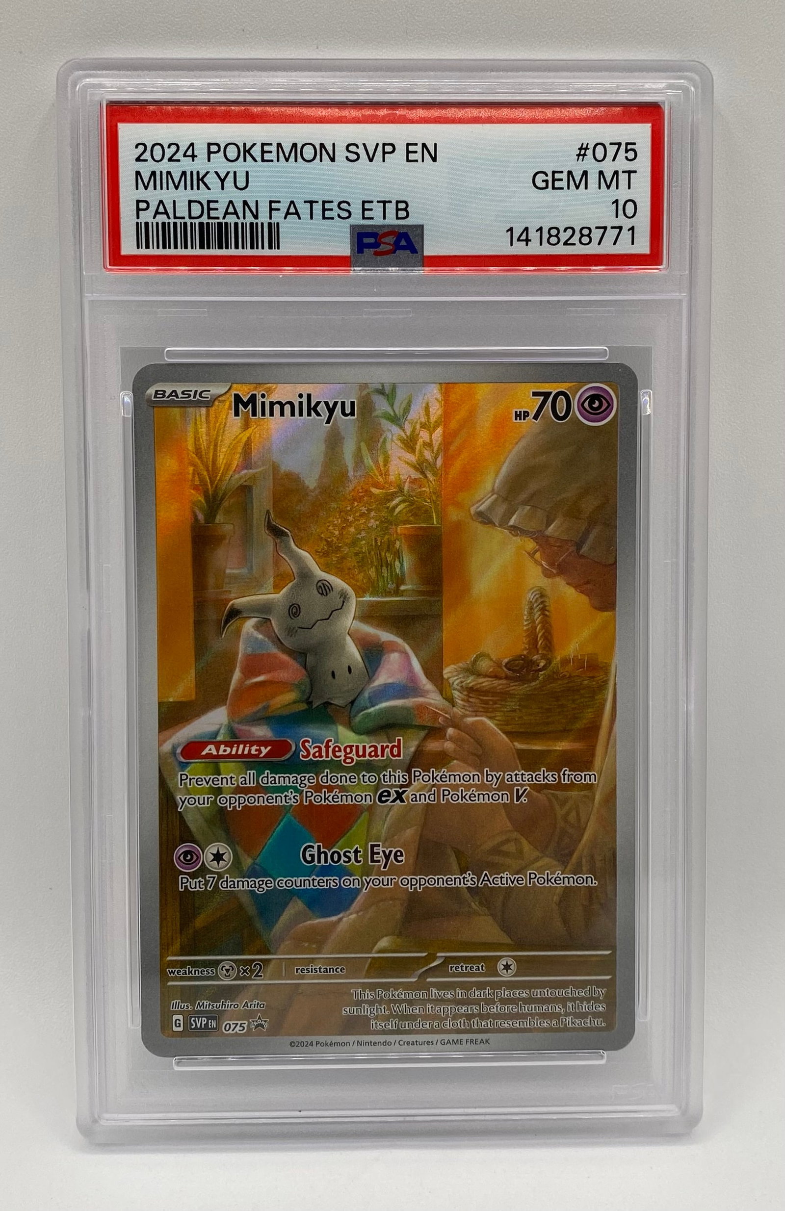 2024 Pokémon Mimikyu Promo Paldean Fates ETB PSA 10: 2024 Pokémon SVP EN Mimikyu Promo #075 Paldean Fates ETB - PSA 10 GEM MINT