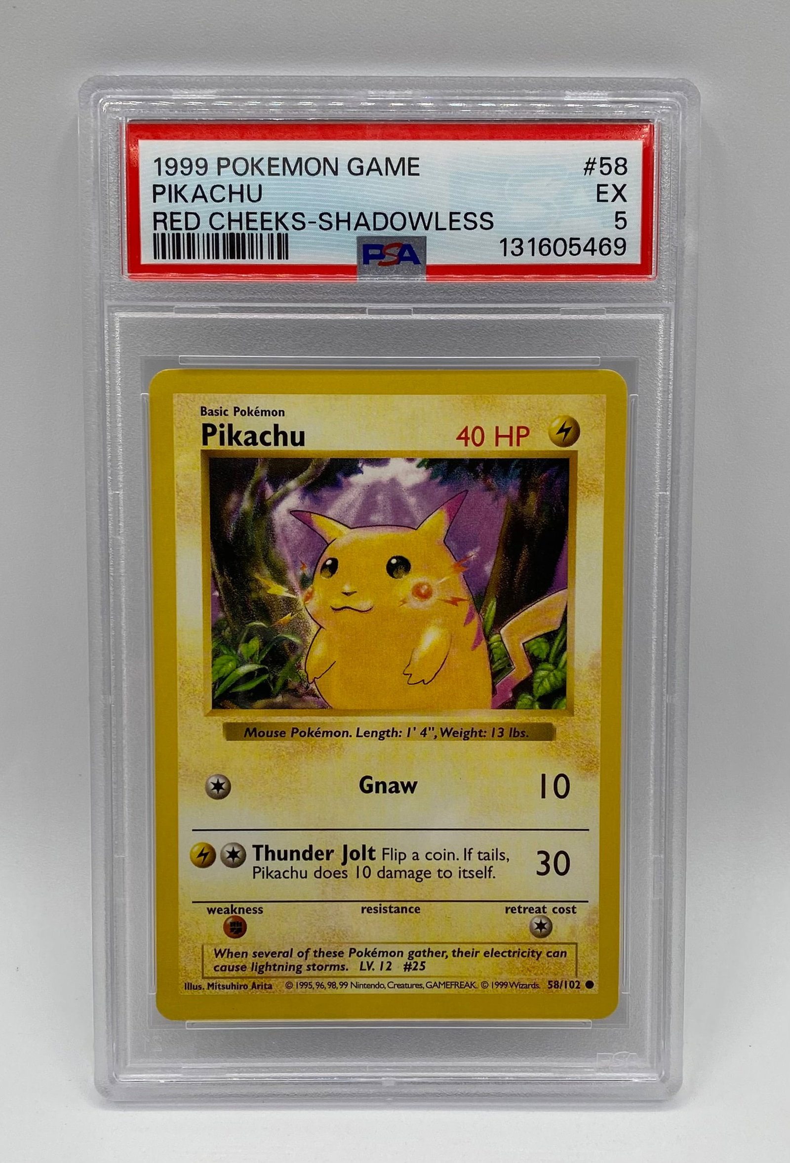 PSA 5 1999 Pokémon Base Set Shadowless Red CheeksPikachu: 1999 Pokemon Game #58 Pikachu Red Cheeks - Shadowless - PSA 5 EX
