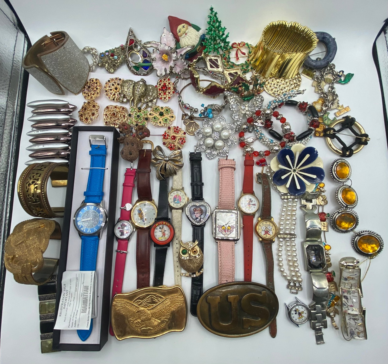 Vintage Estate Jewelry & Watch Estate Lot - Character Watches, Cuff Bracelets, Brooches (1 of 1)