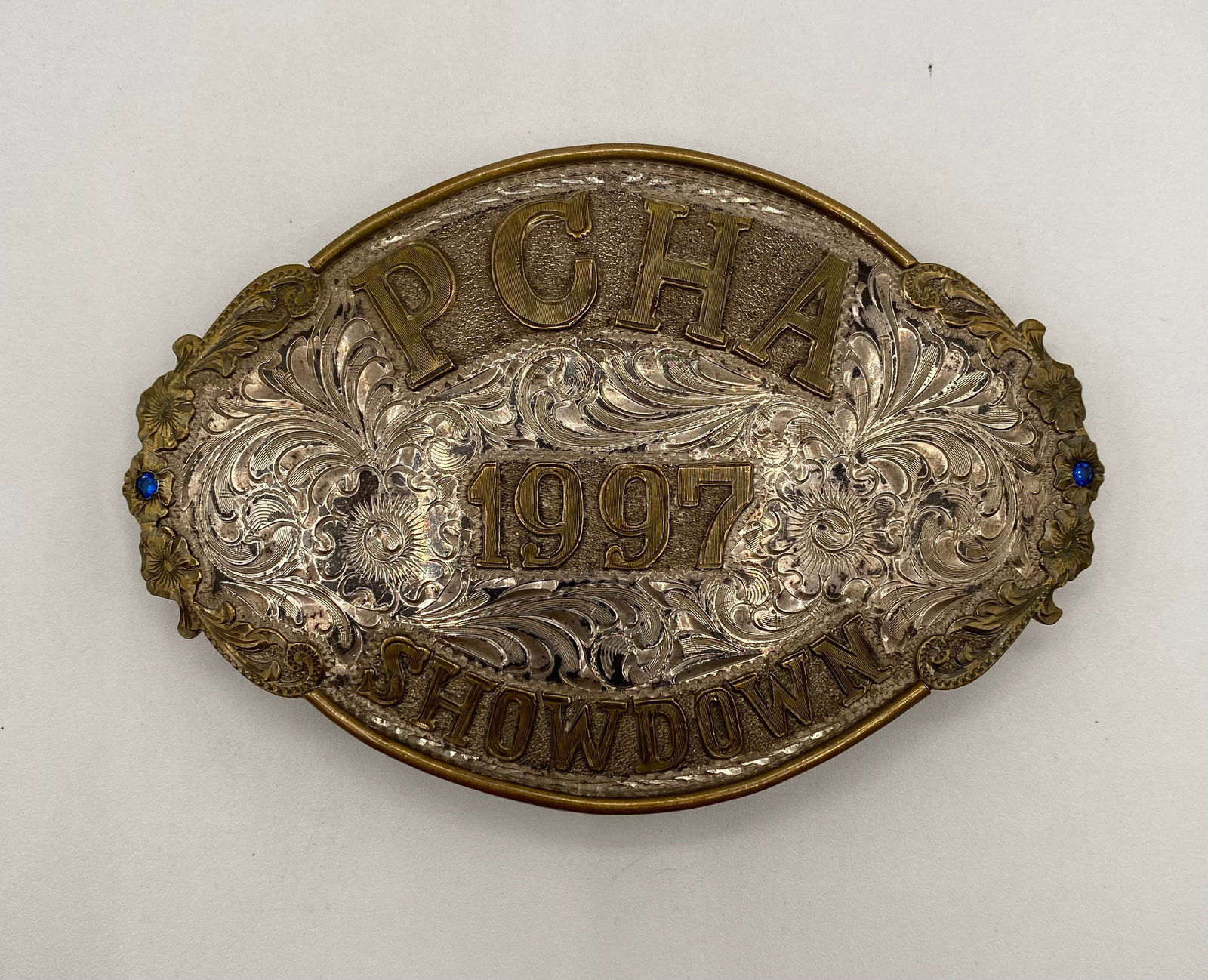 Vintage 1997 Broken Horn Silver Overlaid PCHA Showdown Western Belt Buckle (1 of 2)