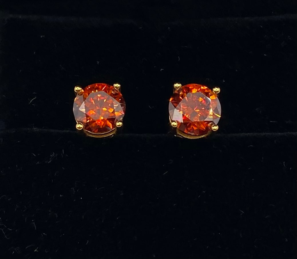 Red Color 4 Carats Moissanite VVS Earrings 18K Gold Plated Sterling Silver W/ Cert: 18k Gold Plated Over Sterling Silver Color Red VVS Moissanite Stud Earrings 18K Gold Plated Sterling Silver W/ Certificate