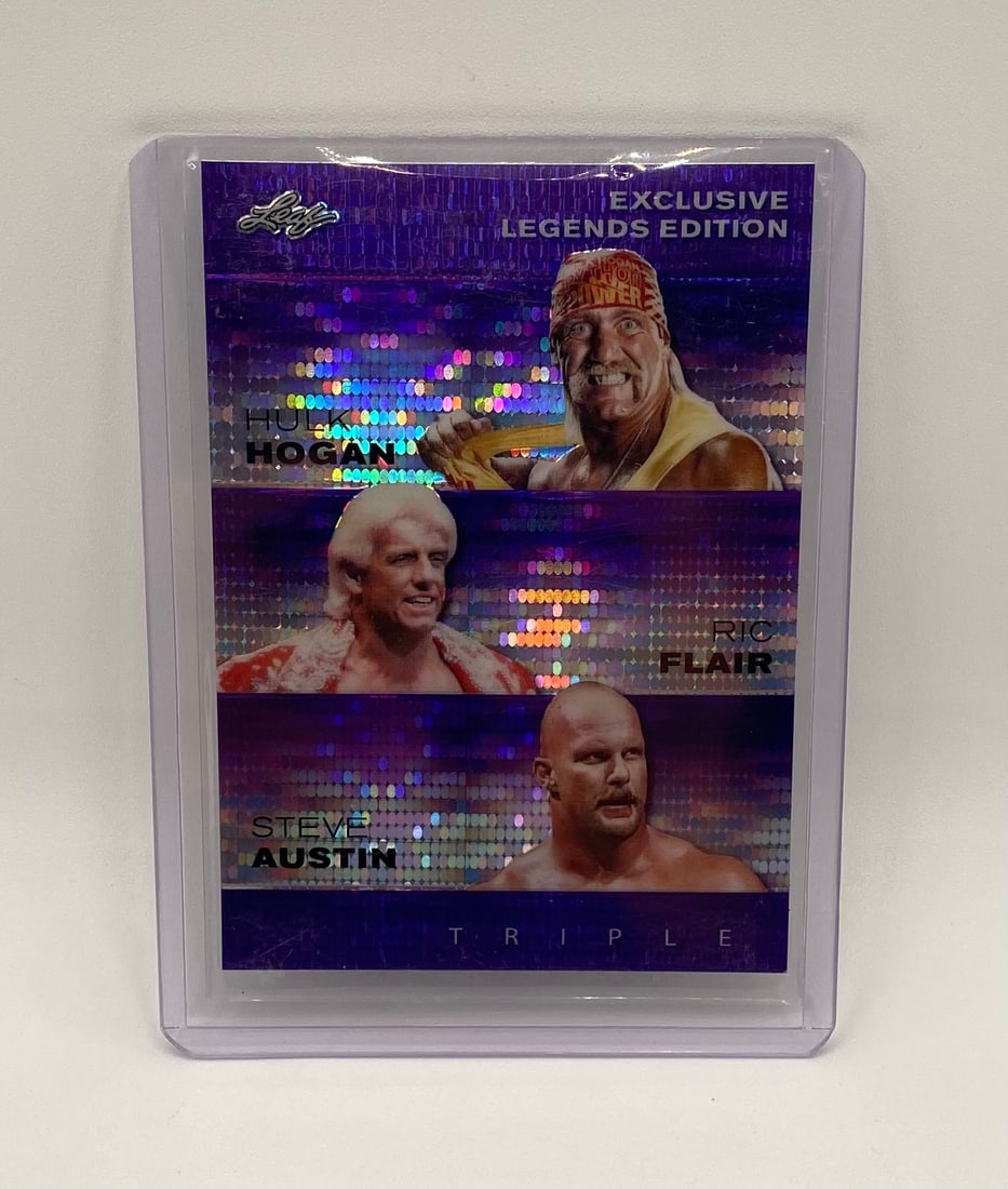 Hulk Hogan, Ric Flair, and Stone Cold Steve Austin Purple Holo /15: 2025 Leaf Exclusive Legends Edition Hulk Hogan, Ric Flair, and Stone Cold Steve Austin Purple Holo /15