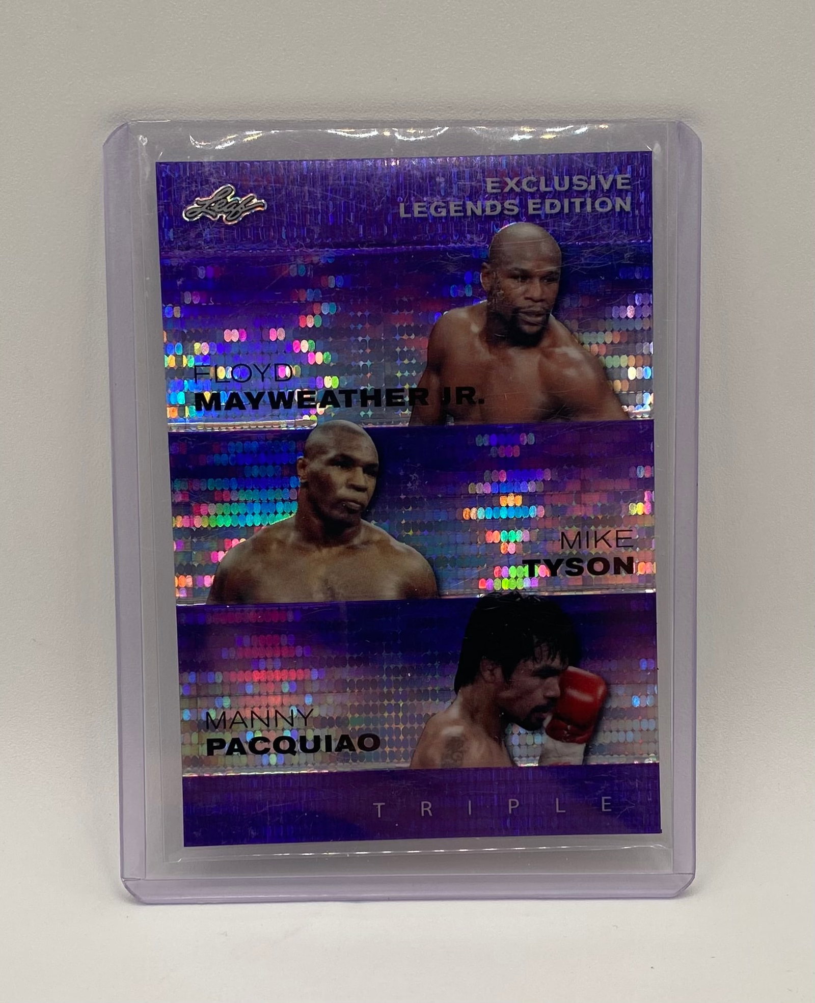 Floyd Mayweather Jr., Mike Tyson, and Manny Pacquiao Purple Holo /15 (1 of 2)