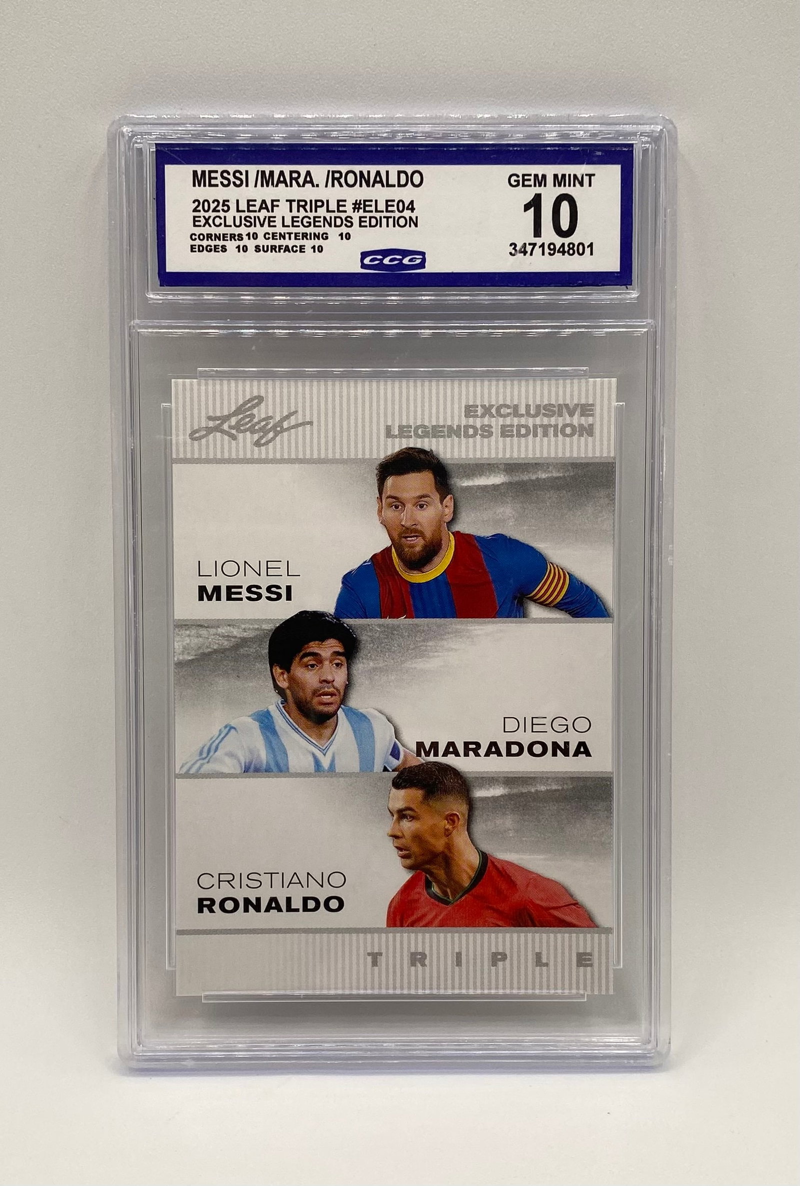 Lionel Messi, Diego Maradona, and Cristiano Ronaldo Mint 10: 2025 Leaf Triple #ELE04 Exclusive Legends Edition Messi/Maradona/Ronaldo - CCG Gem Mint 10