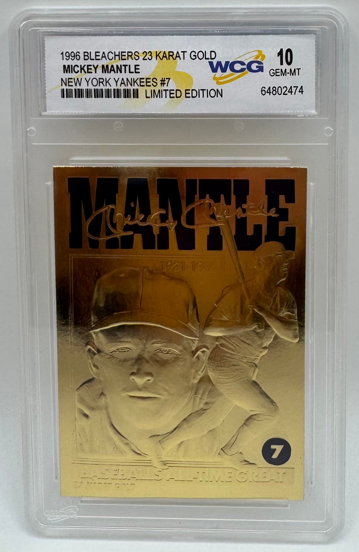 1996 Bleachers 23K Gold Mickey Mantle Limited Edition: 1996 Bleachers 23K Gold Mickey Mantle Limited Edition – WCG 10 Gem Mint