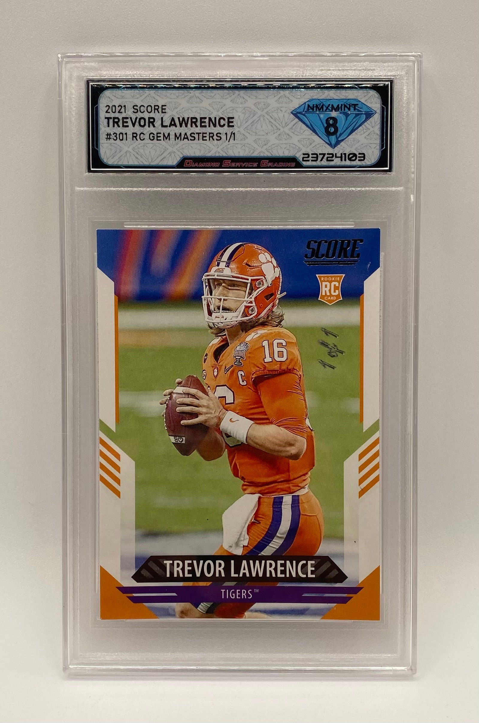 Trevor Lawrence Rookie 1/1: 2021 Score Trevor Lawrence #301 RC Gem Masters 1/1 – DSG 8 NM/Mint