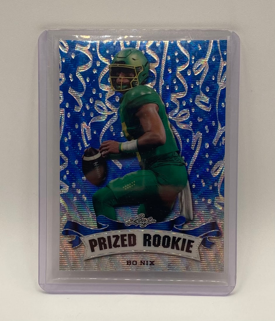 Leaf Prized Rookie Bo Nix Blue Laser Holo Card /20 (1 of 2)