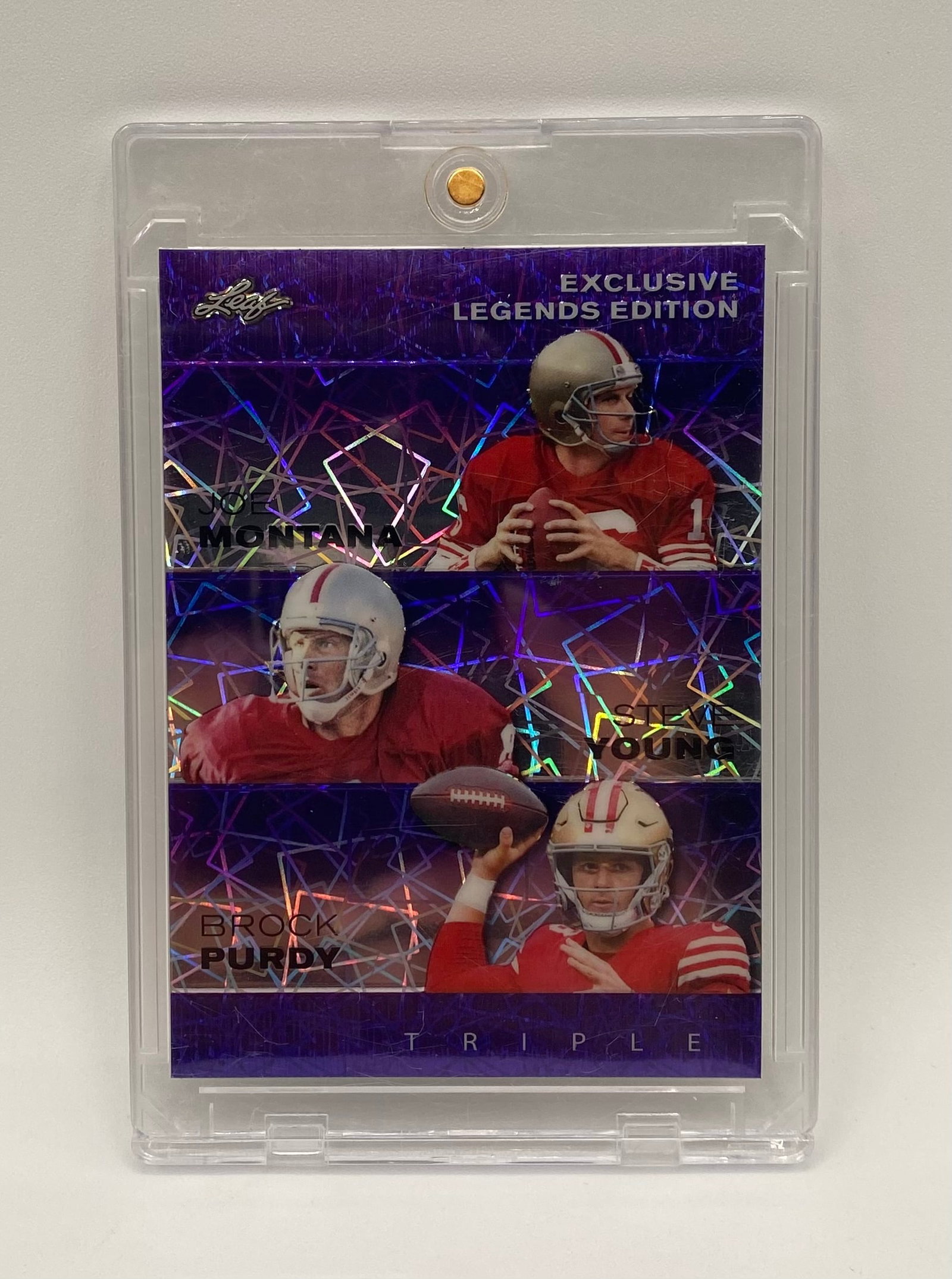 Joe Montana, Steve Young, Brock Purdy Purple Holo /15 (1 of 2)