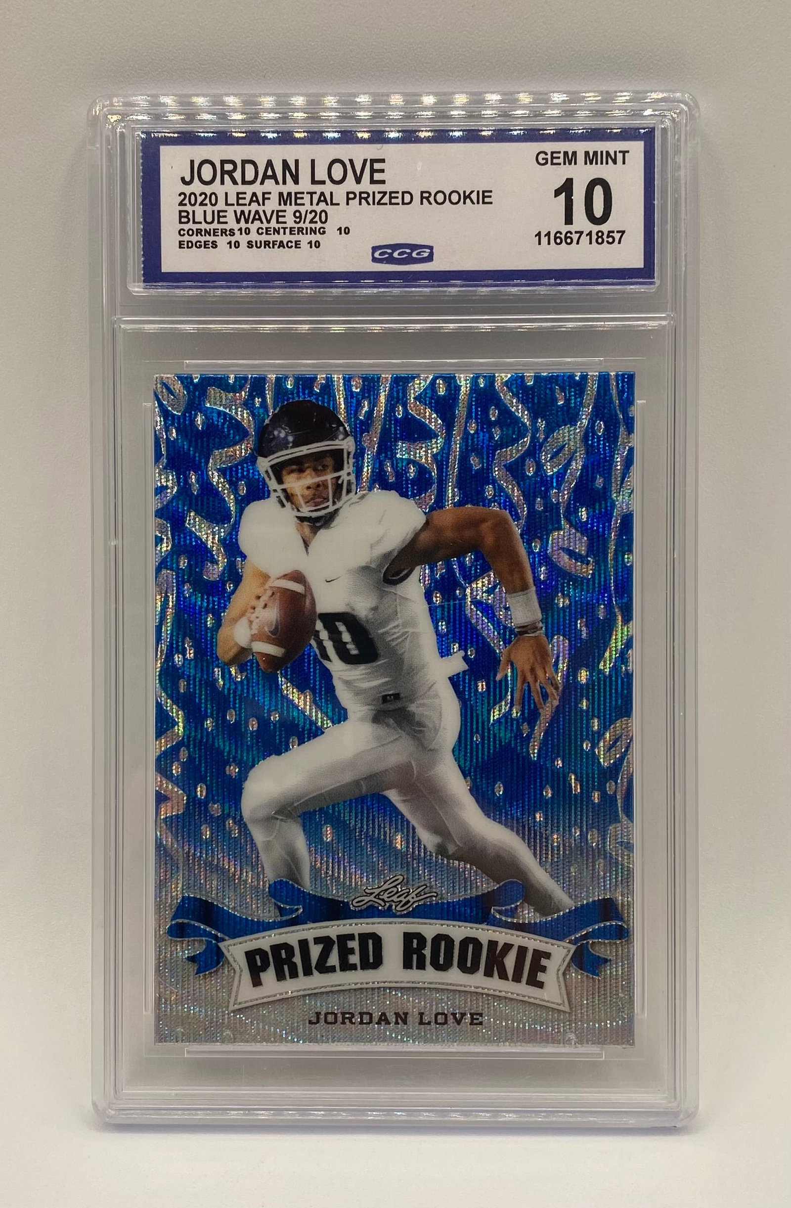 Jordan Love Prized Rookie Blue Wave Parallel /20: 2020 Leaf Metal Jordan Love Prized Rookie Blue Wave Parallel – 9/20 – CCG 10 GEM MINT
