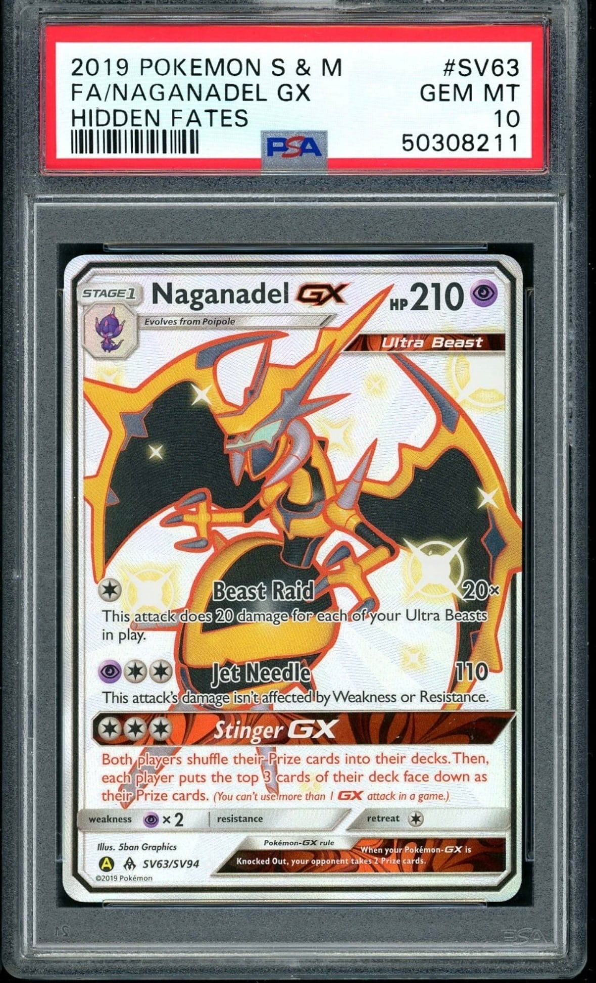 2019 Pokémon Sun & Moon Hidden Fates Naganadel GX Shiny PSA 10: 2019 Pokémon Sun & Moon Hidden Fates Naganadel GX Shiny PSA 10