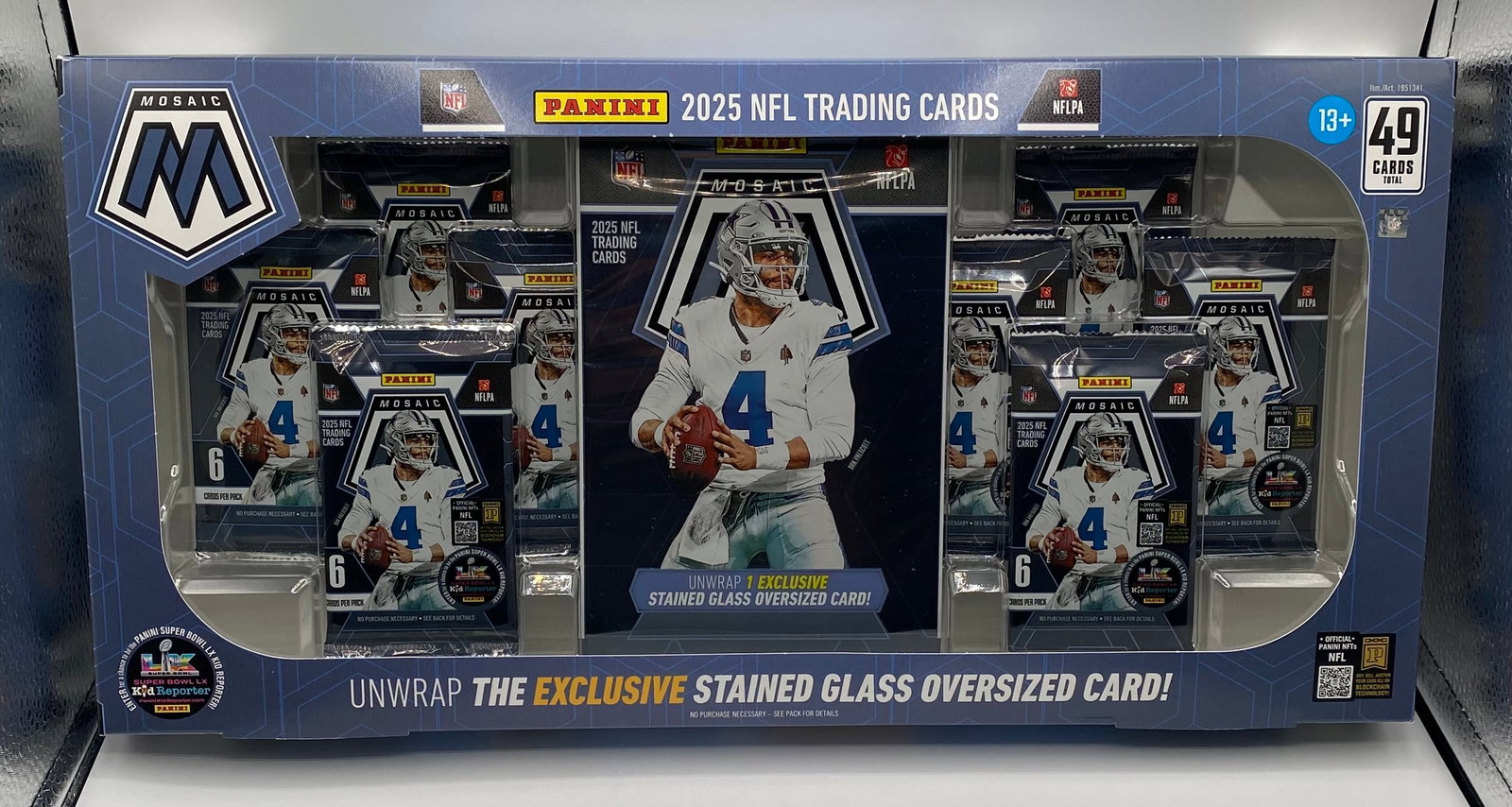 2025 Panini Mosaic NFL Football Factory Sealed Box: 2025 Panini Mosaic NFL Football Factory Sealed Box – Exclusive Oversized Stained Glass Card (49 Cards Total)