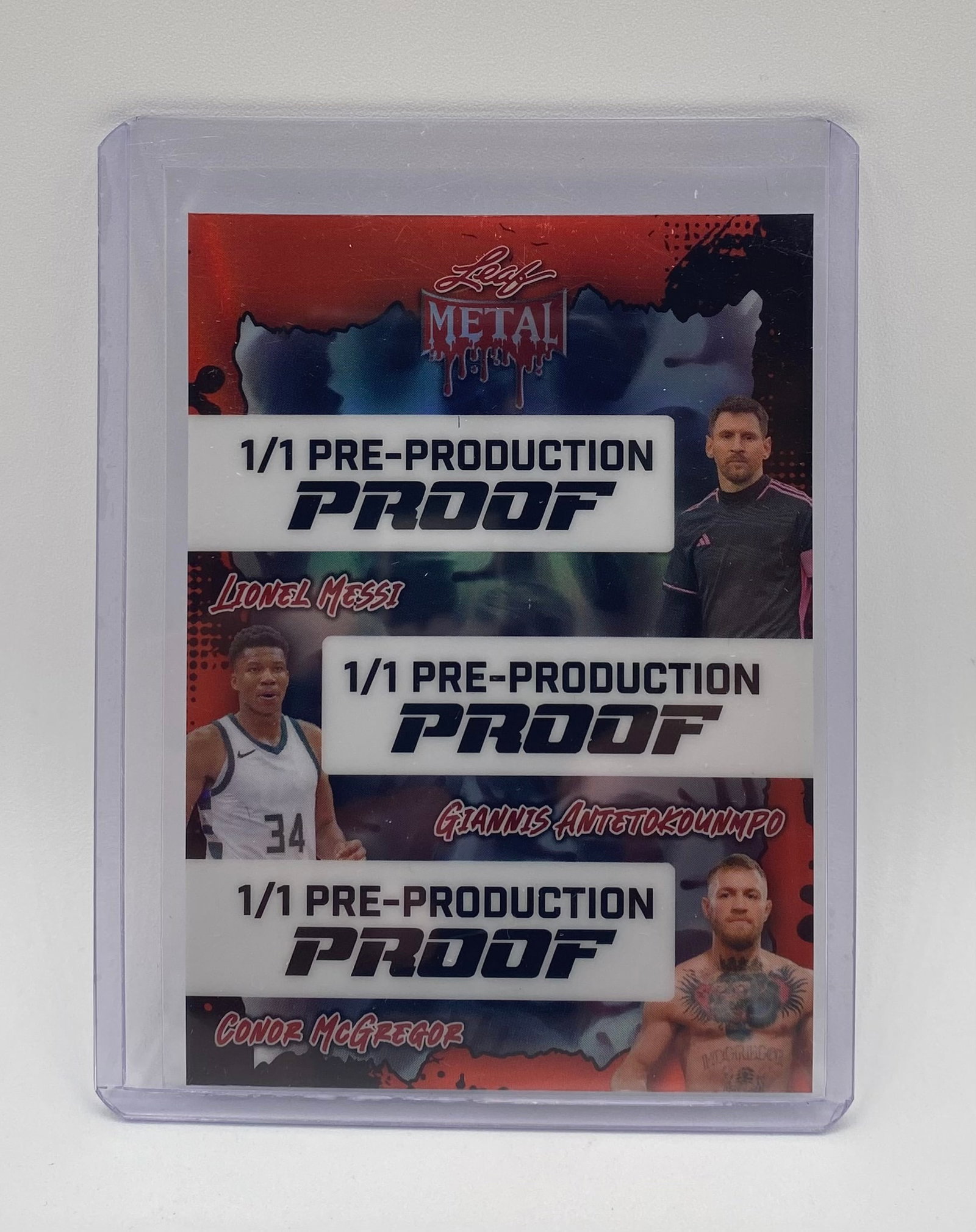 Giannis Antetokounmpo & Conor McGregor 1/1: Leaf Metal Multi-Sport 1/1 Pre-Production Proof Card - Lionel Messi, Giannis Antetokounmpo & Conor McGregor