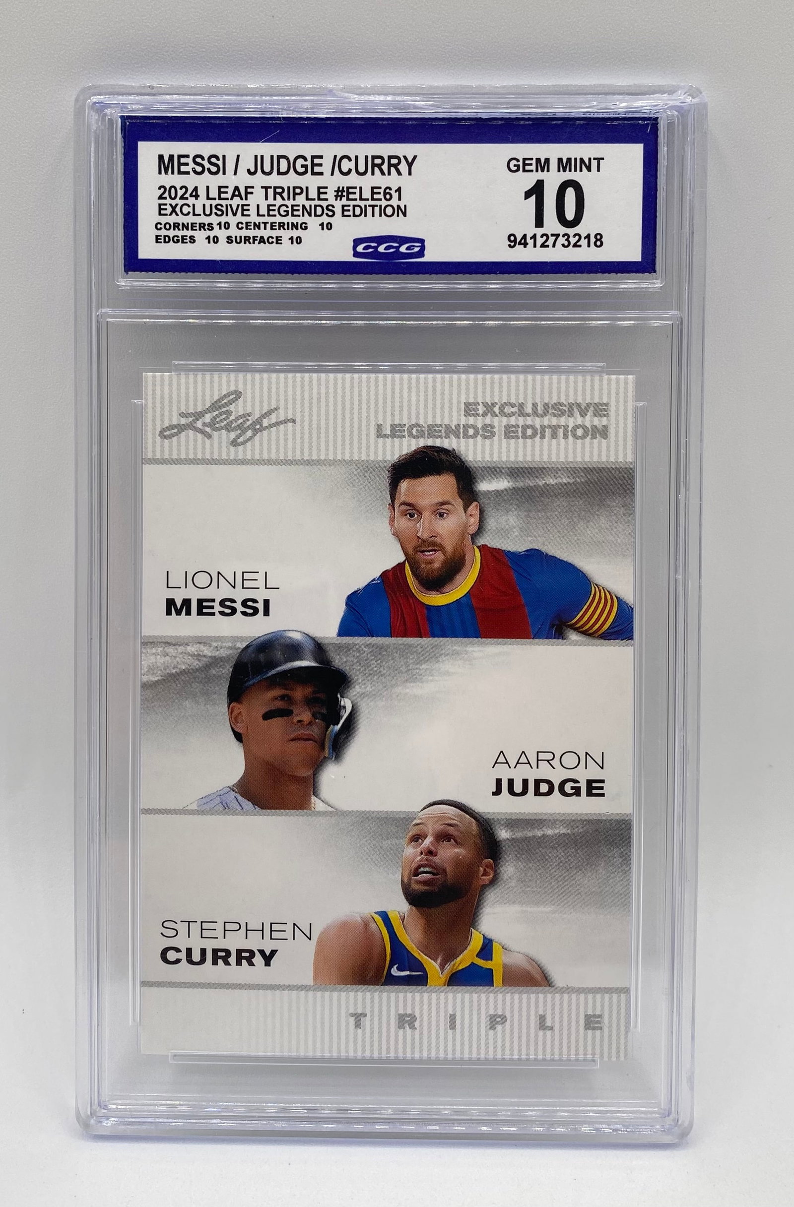 Lionel Messi , Aaron Judge & Stephen Curry Card: 2024 Leaf Triple Lionel Messi / Aaron Judge / Stephen Curry Excl. Lgnds Ed. - CCG 10