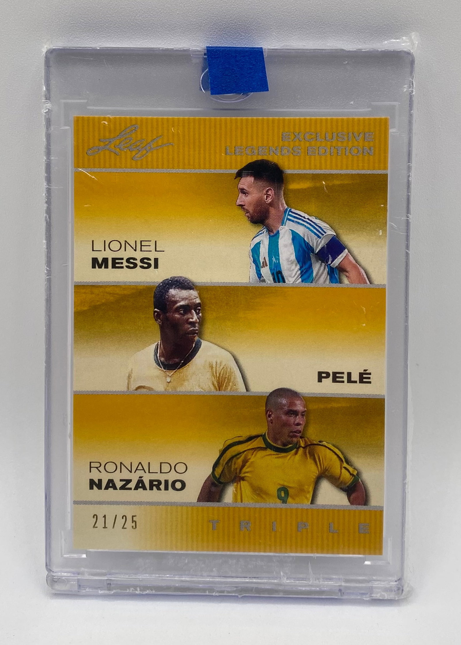 Lionel Messi , Pelé & Ronaldo Nazário /25: 2024 Leaf Triple Lionel Messi / Pelé / Ronaldo Nazário Excl. Legends Ed. Gold /25