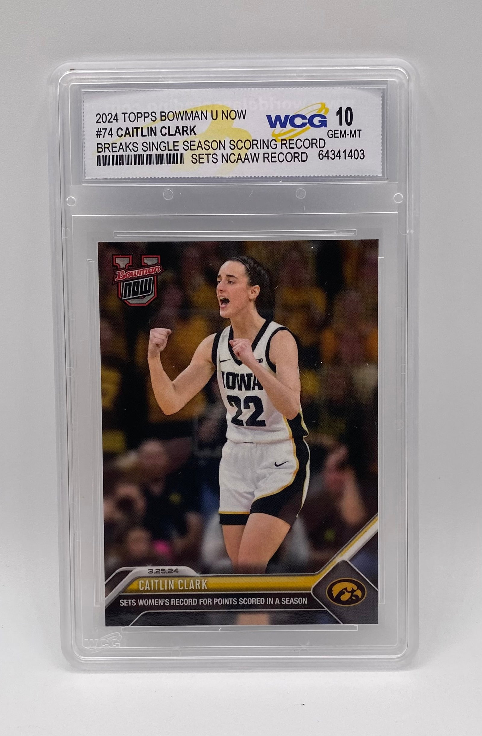 Caitlin Clark Single Season Scoring Record - WCG 10: 2024 Topps Bowman U NOW #74 Caitlin Clark Single Season Scoring Record - WCG 10 Gem Mint