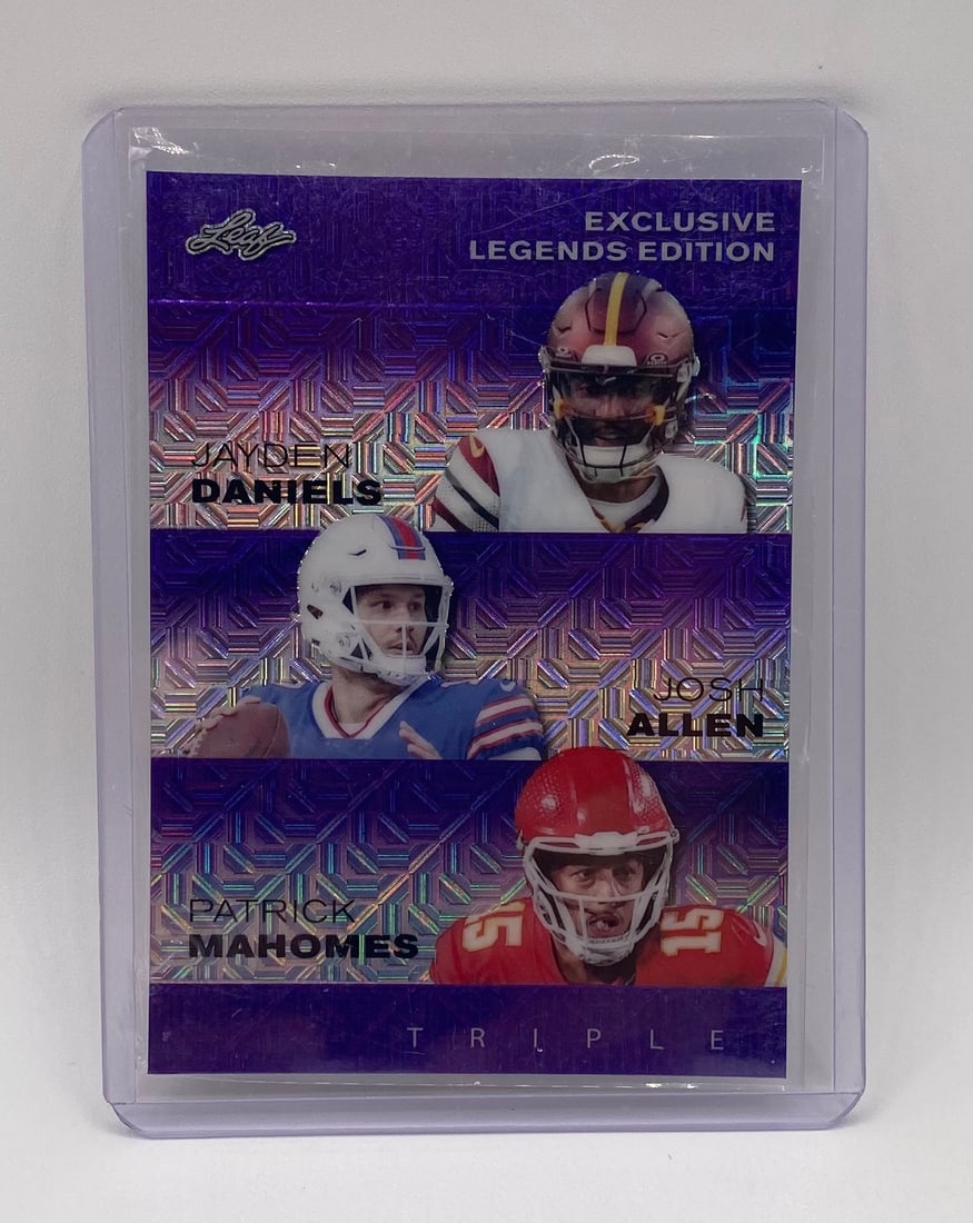 Jayden Daniels, Josh Allen & Patrick Mahomes Holo /8: 2025 Leaf Jayden Daniels, Josh Allen & Patrick Mahomes Leaf Triple Card Purple Holo /8