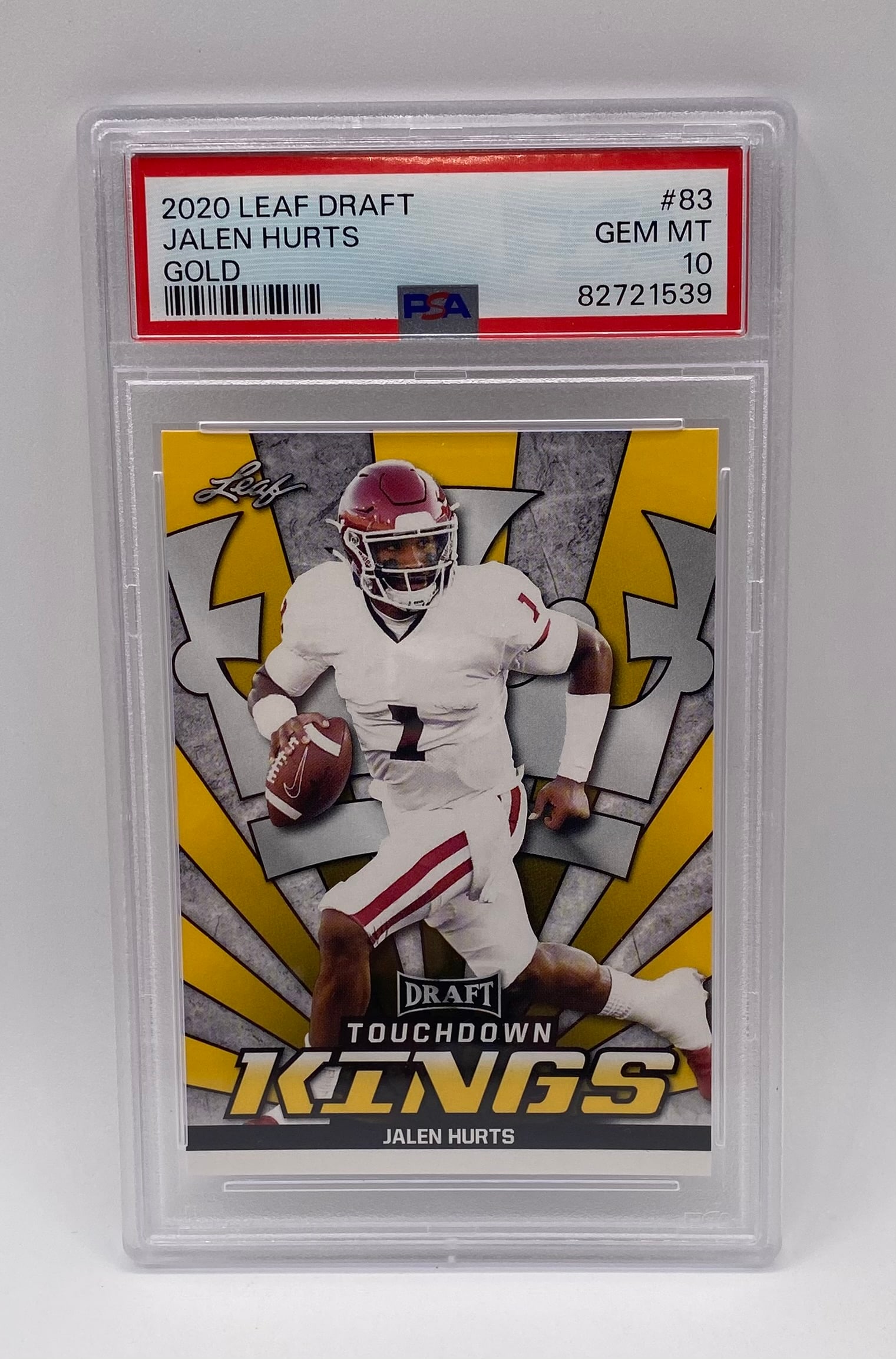 Jalen Hurts Gold Touchdown Kings Rookie PSA 10: 2020 Leaf Draft Jalen Hurts Gold Touchdown Kings #83 – PSA 10 Gem Mint