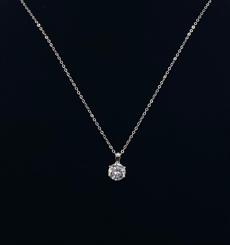 2.00 CT VVS Moissanite Pendant Necklace: 2 CT D Color VVS1 Round Brilliant Moissanite Solitaire Pendant Necklace – 18K Gold Plated 925 Sterling Silver. Approx: 16 inches