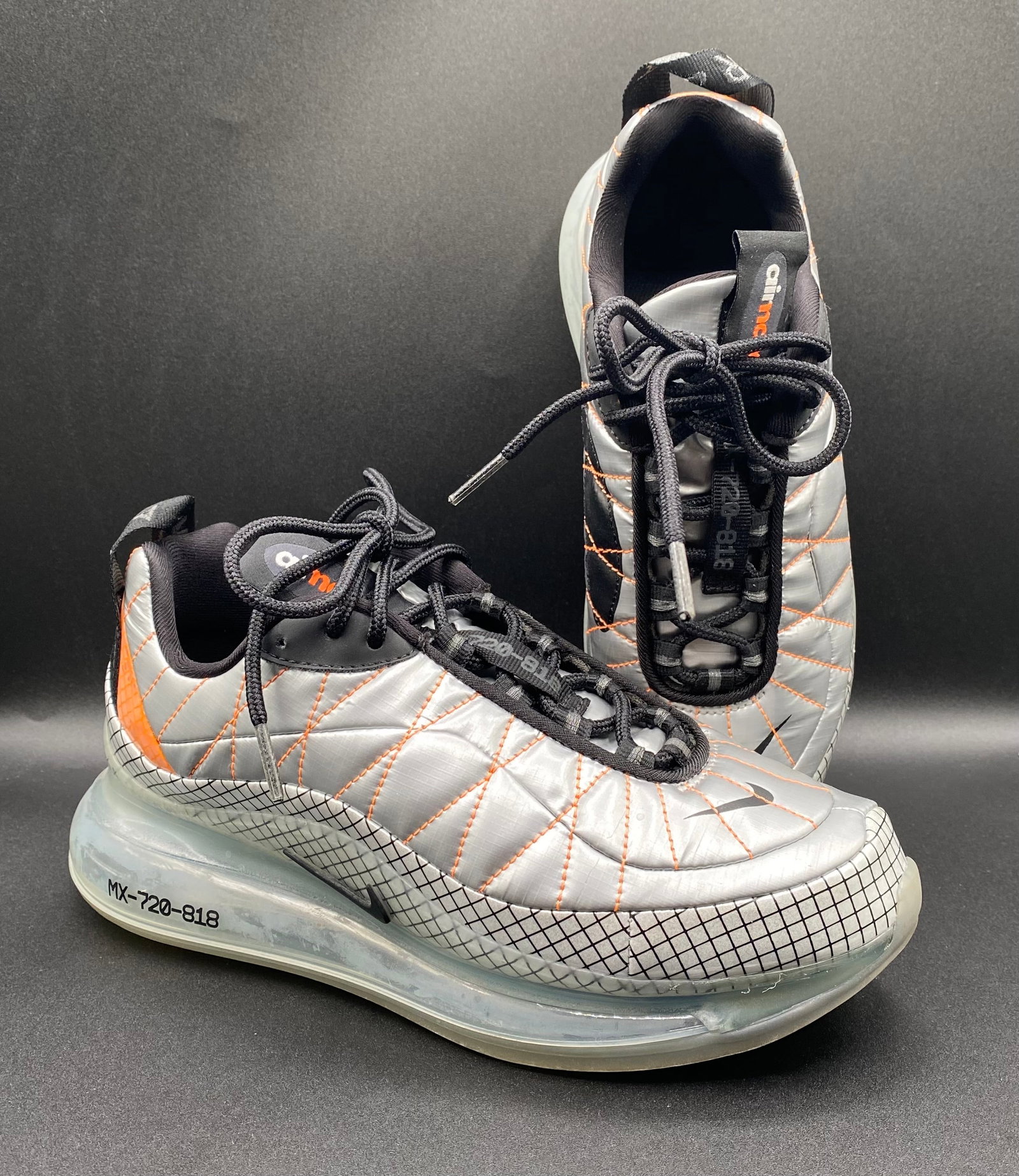Nike Air MX-720-818 (GS) "Metallic Silver: Up for auction is a futuristic pair of Nike Air MX-720-818 (GS) Sneakers in the spacesuit-inspired "Metallic Silver / Total Orange" colorway (Style # CQ4010-001). Featuring quilted nylon uppers with c