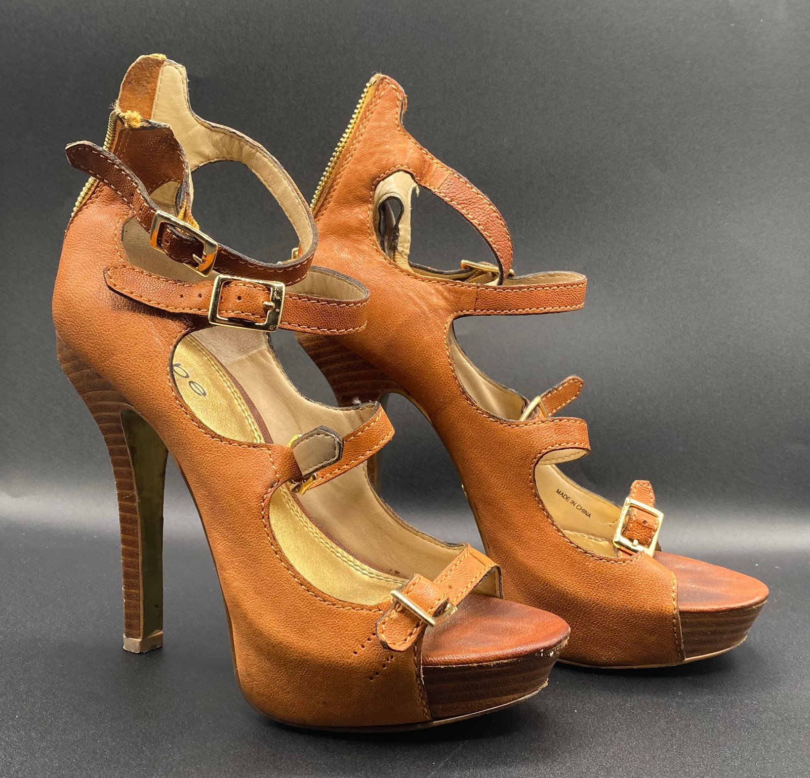 Bebe "Delaney" Natural Tan Leather Multi-Strap Platform Heels (1 of 2)
