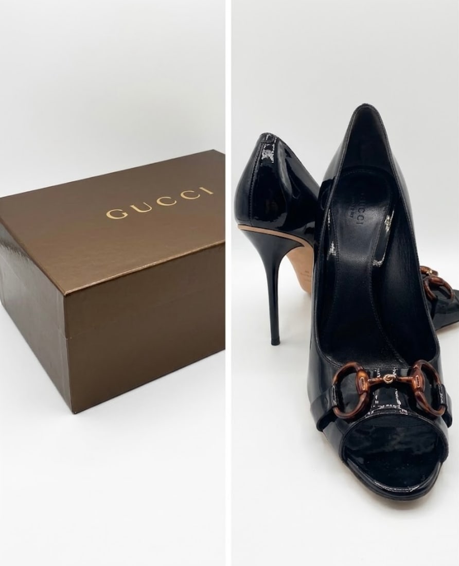 Gucci Black Patent Leather Peep-Toe Horsebit Heels (1 of 3)