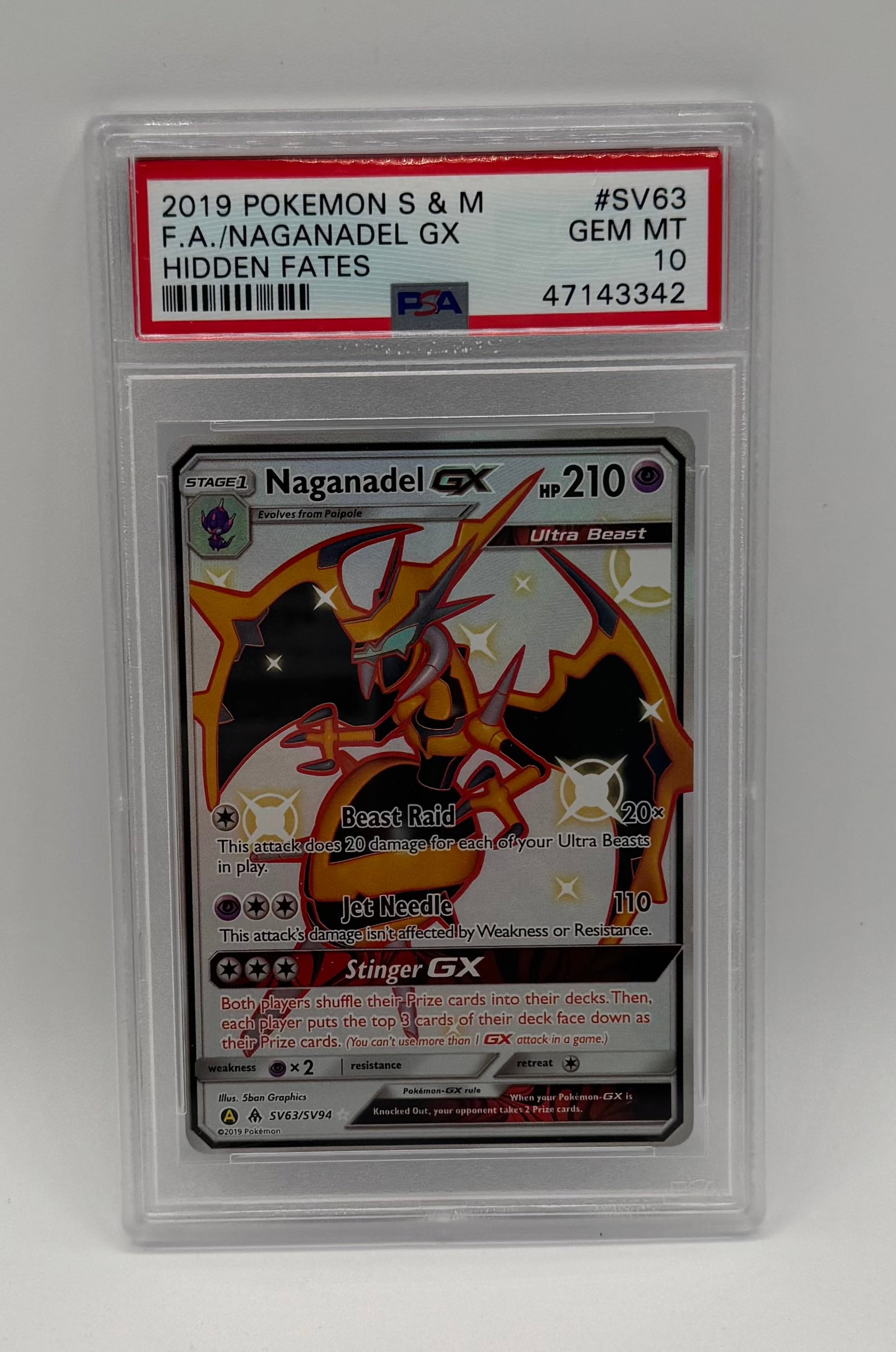 Shiny Naganadel GX Pokemon PSA 10: 2019 Pokémon Sun & Moon Hidden Fates Naganadel GX #SV63 Full Art - PSA 10 Gem Mint