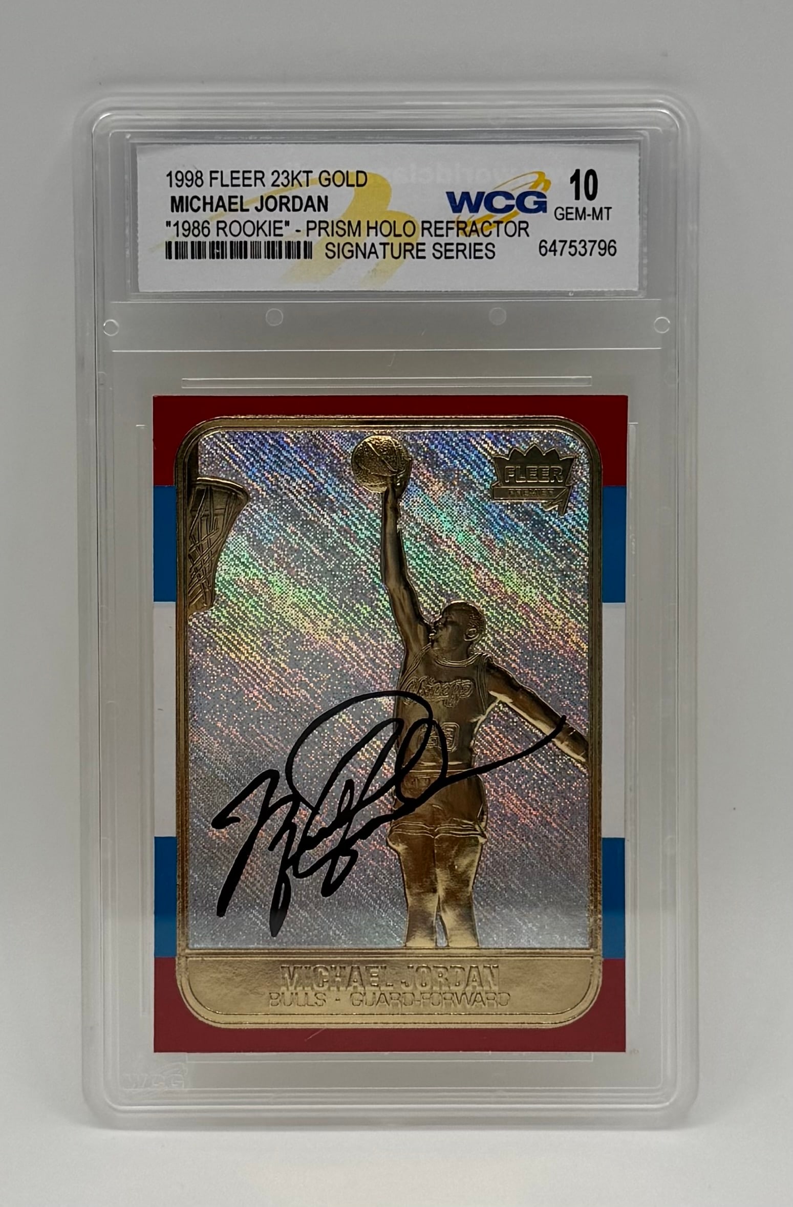 1998 Fleer Michael Jordan Prism Holo Refractor: 1998 Fleer 23KT Gold Michael Jordan "1986 Rookie" Prism Holo Refractor - WCG GEM MT 10