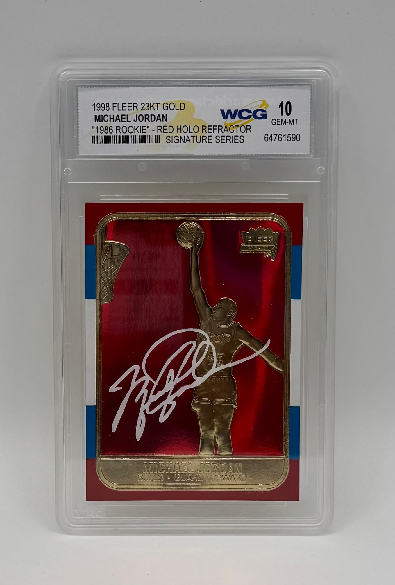 Michael Jordan Red Holo Signature Series: 1998 Fleer 23KT Gold Michael Jordan "1986 Rookie" Red Holo Refractor - WCG GEM MT 10