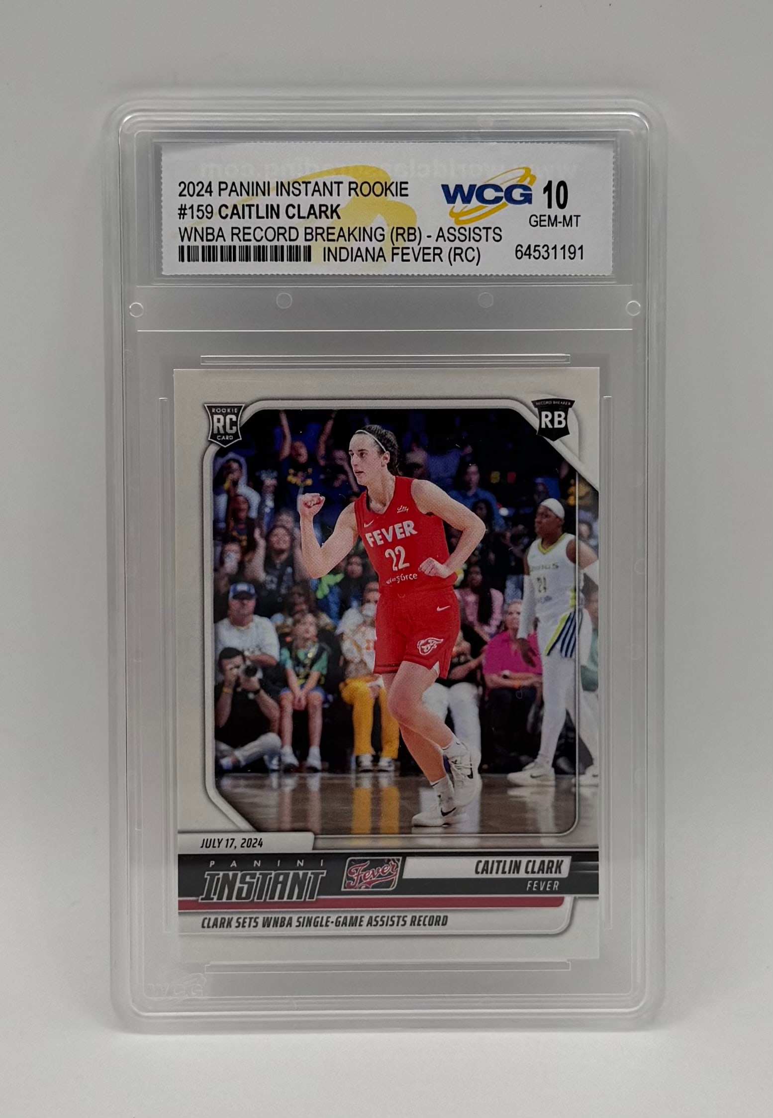 Caitlin Clark WNBA Assists Record Rookie: 2024 Panini Instant Rookie #159 Caitlin Clark WNBA Assists Record WCG 10 GEM MT