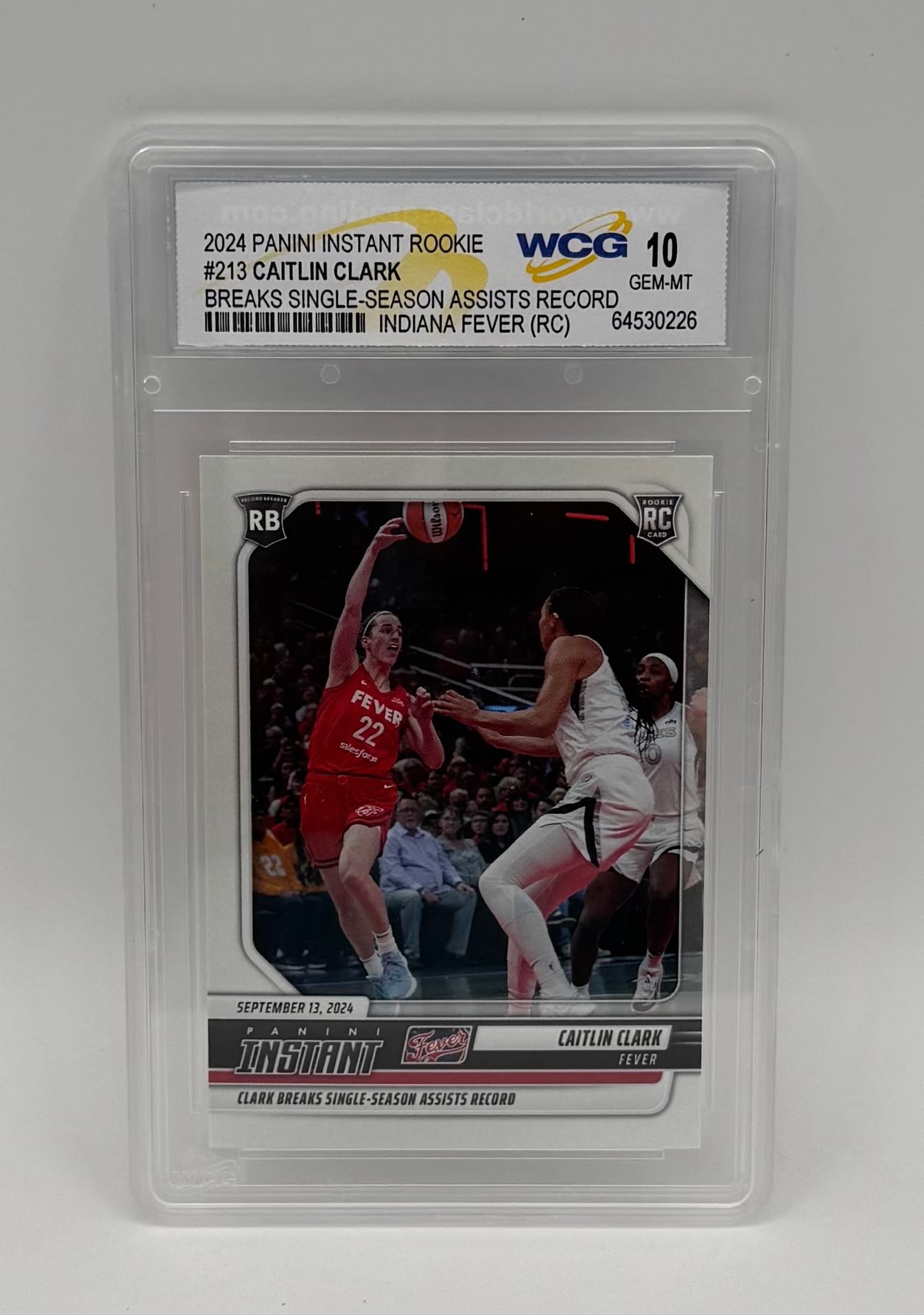 Caitlin Clark Single Season Assists Record Rookie: 2024 Panini Instant Rookie #213 Caitlin Clark Single-Season Assists Record WCG 10 GEM MT