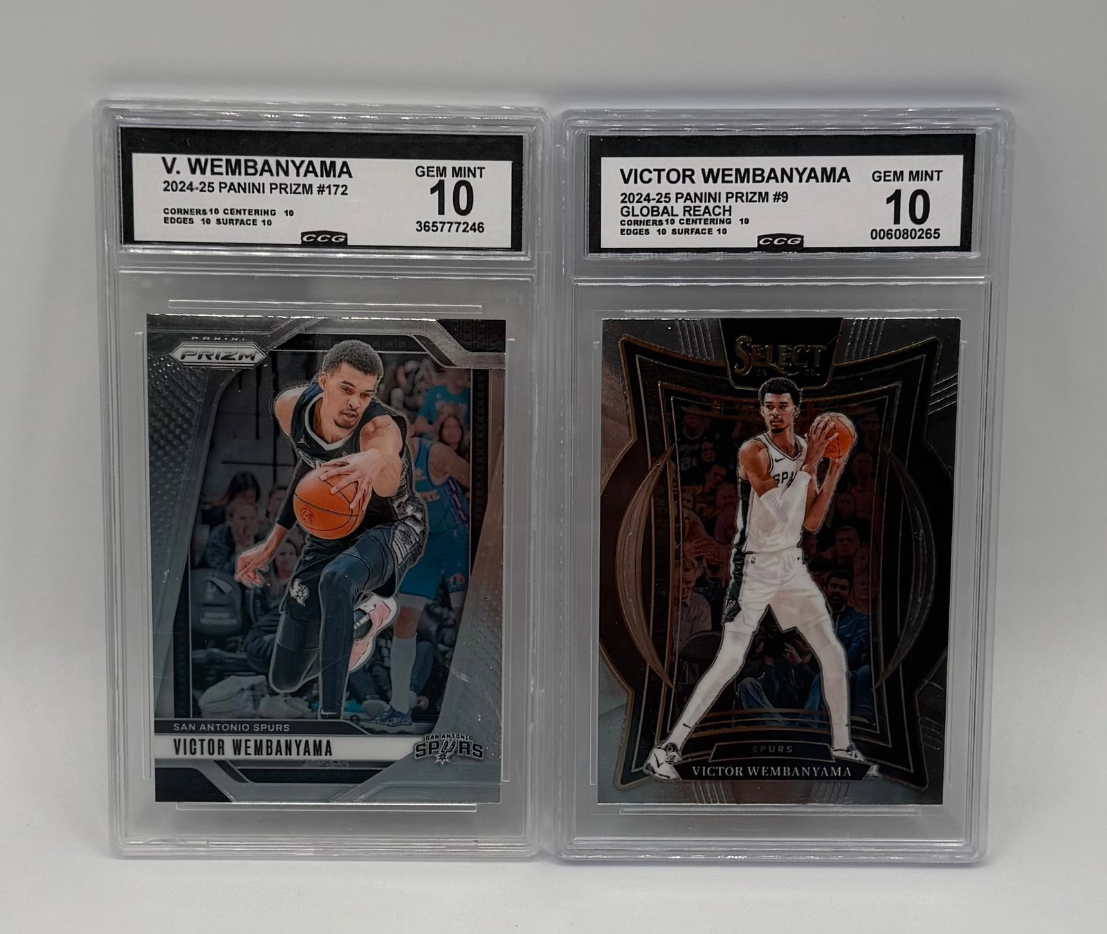 Victor Wembanyama Cards: (2) Victor Wembanyama 2024-25 Panini Prizm #172 & Global Reach #9 CCG 10 Gem Mint