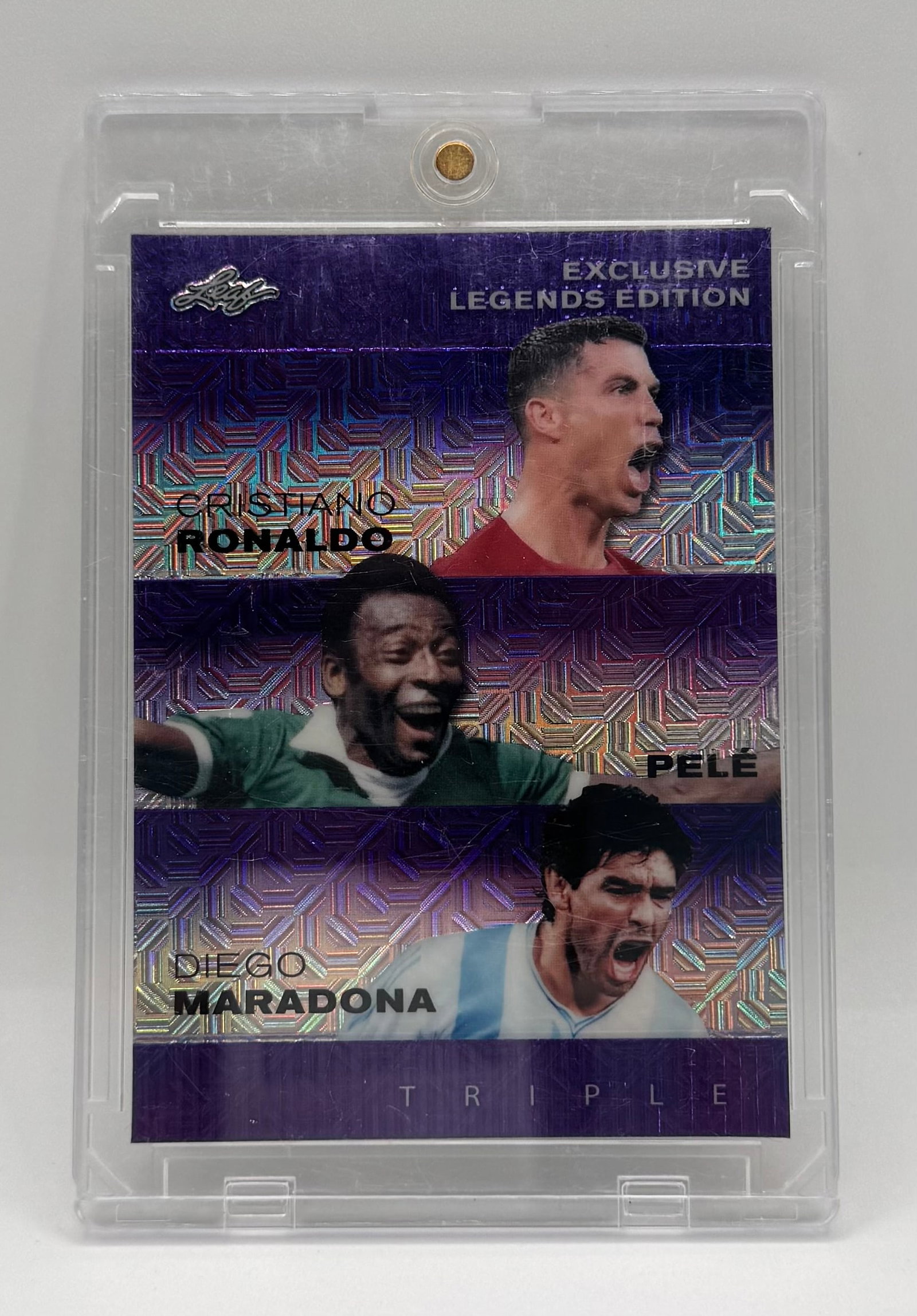 Ronaldo , Pelé & Maradona /15: 2025 Leaf Leaf Exclusive Legends Edition Triple Refractor Card - Ronaldo / Pelé / Maradona /15