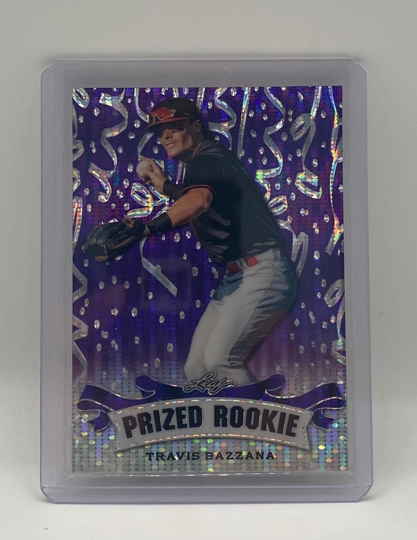 Travis Bazzana Purple Holo Rookie /15: 2024 Leaf Prized Rookie Travis Bazzana Purple Holo /15