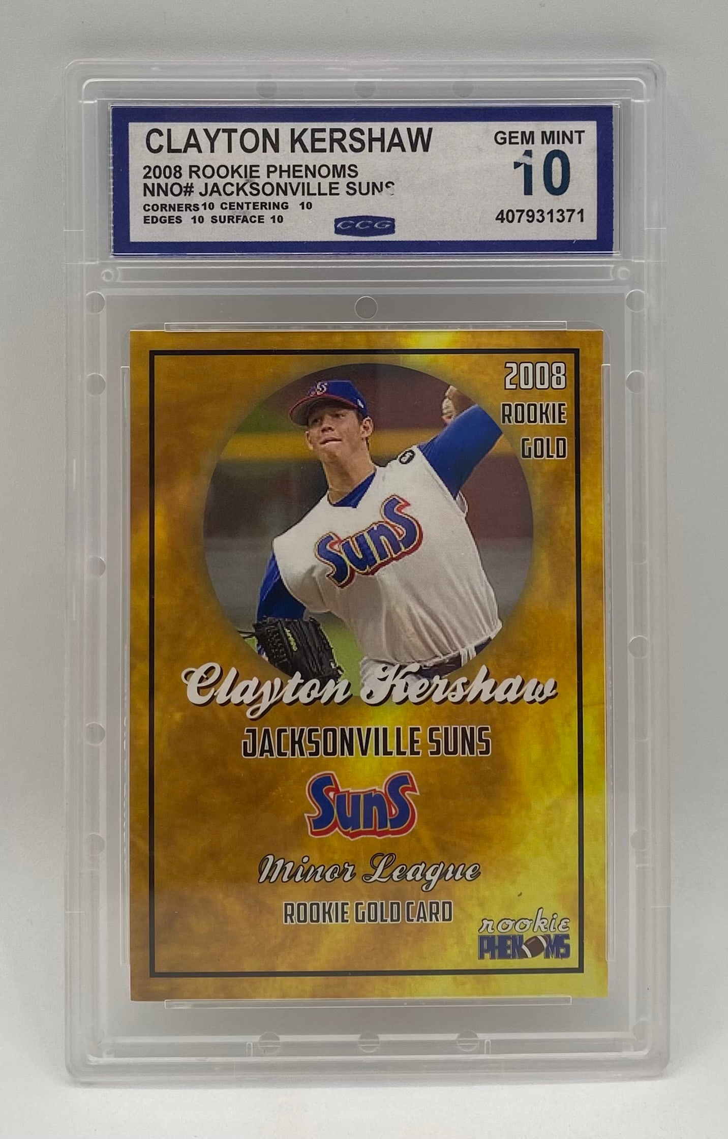 Clayton Kershaw Jacksonville Suns Rookie Gold ACEO Card: 2008 Rookie Phenoms Clayton Kershaw Jacksonville Suns Custom Rookie Gold CCG 10 Gem Mint