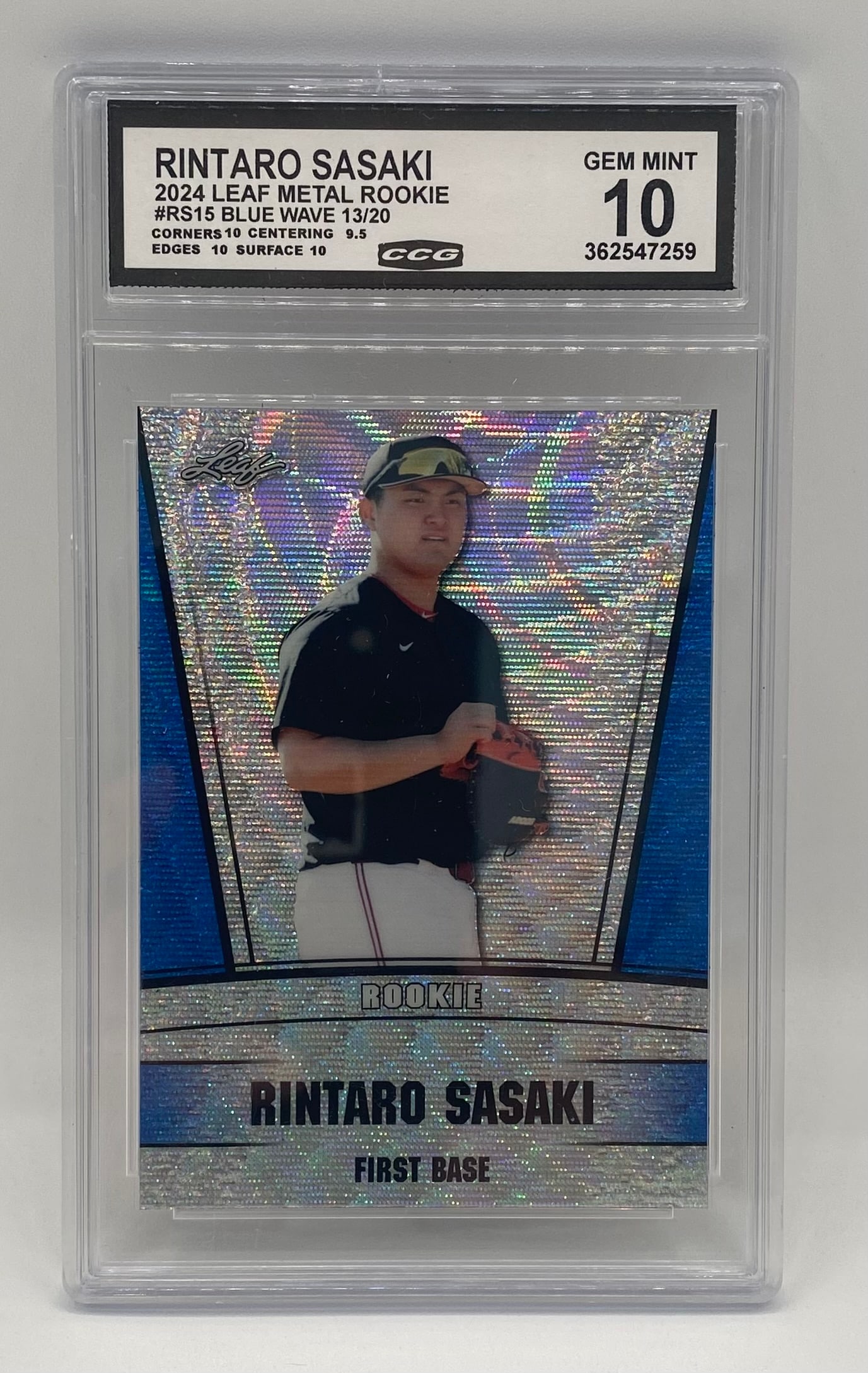 Rintaro Sasaki Blue Holo /20: 2024 Leaf Metal Rookie #RS15 Rintaro Sasaki Blue Wave /20 - CCG 10 Gem Mint