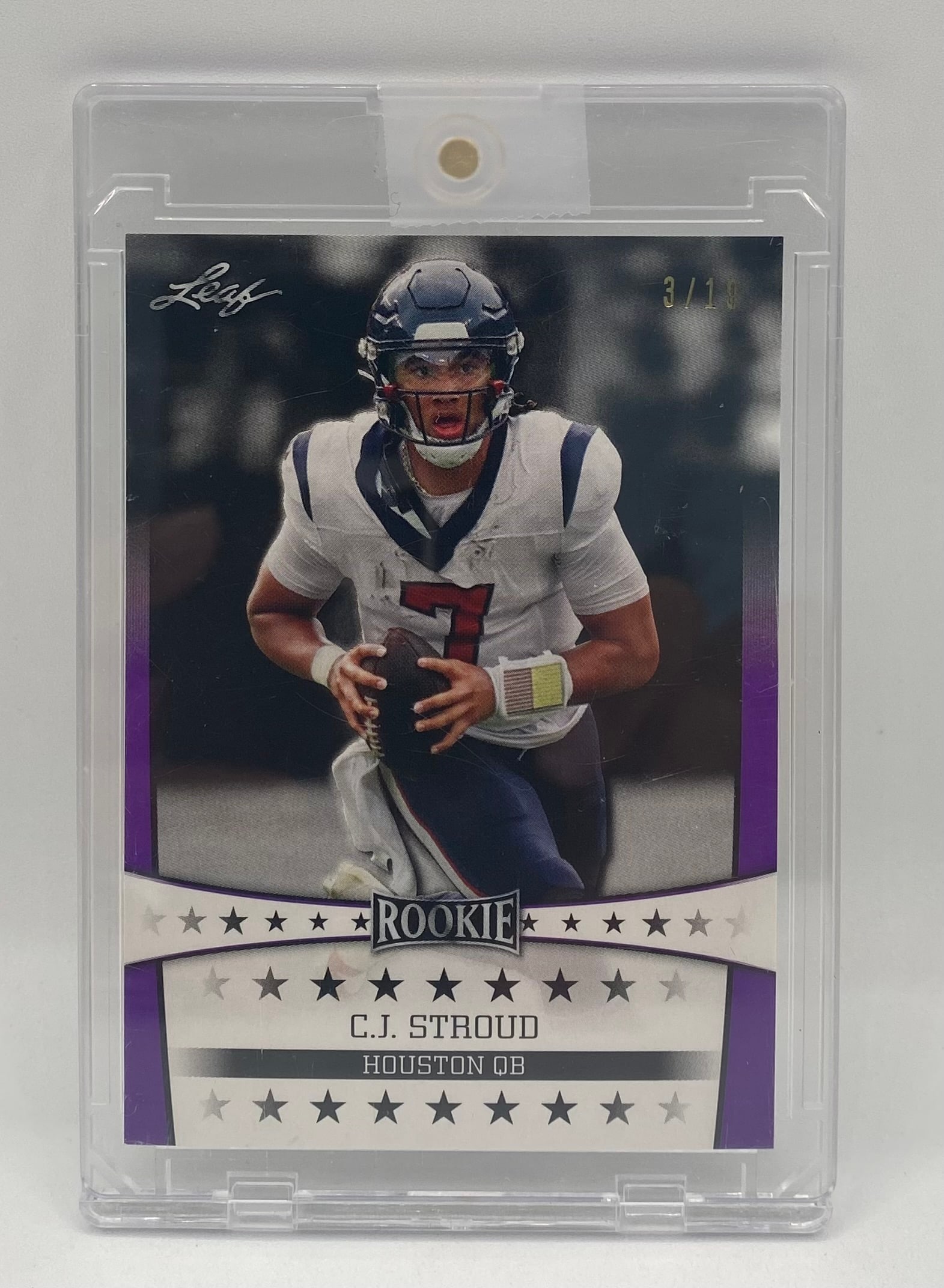 C.J. Stroud Rookie /10: 2023 Leaf C.J. Stroud Rookie Card #'d 3/10 Purple Foil Paralleled Houston QB