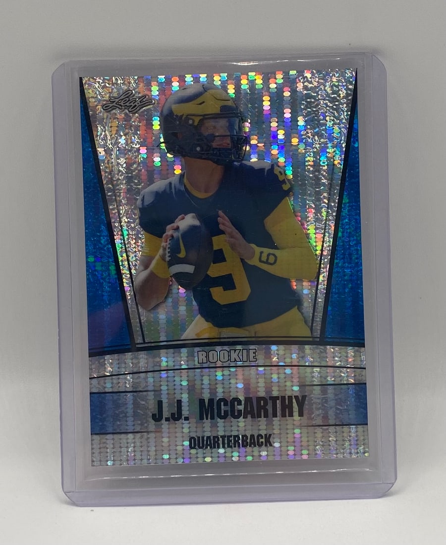 J.J. McCarthy Rookie /20: 2023 Leaf J.J. McCarthy Michigan Wolverines QB Holo Rookie Card /20