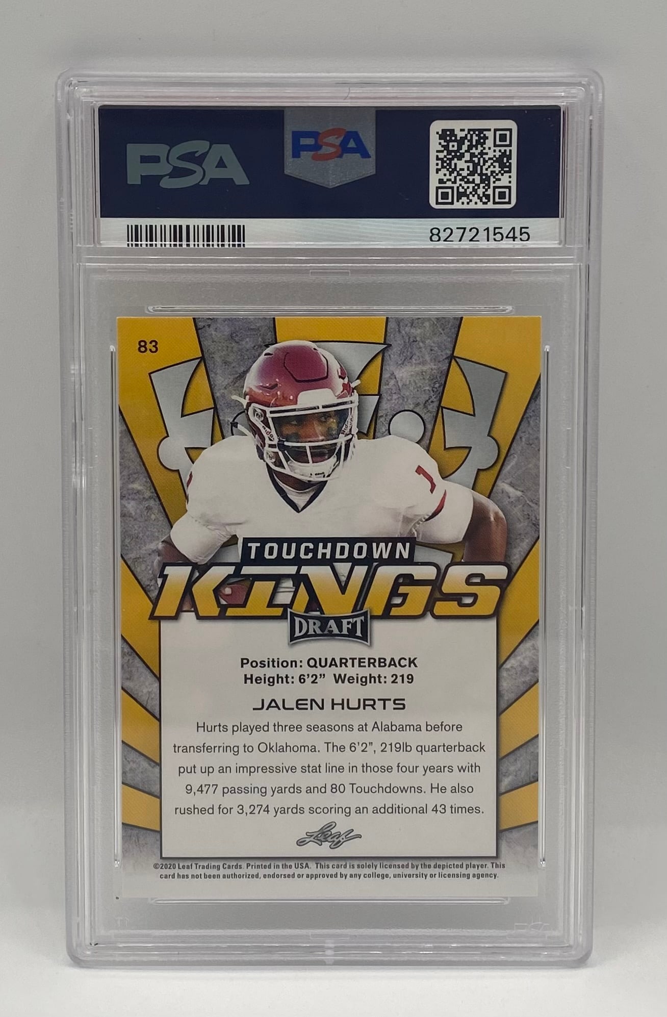 Jalen Hurts Touchdown Rookie PSA 10: 2020 Leaf Draft Jalen Hurts Gold Touchdown Kings #83 PSA 10 Gem Mint