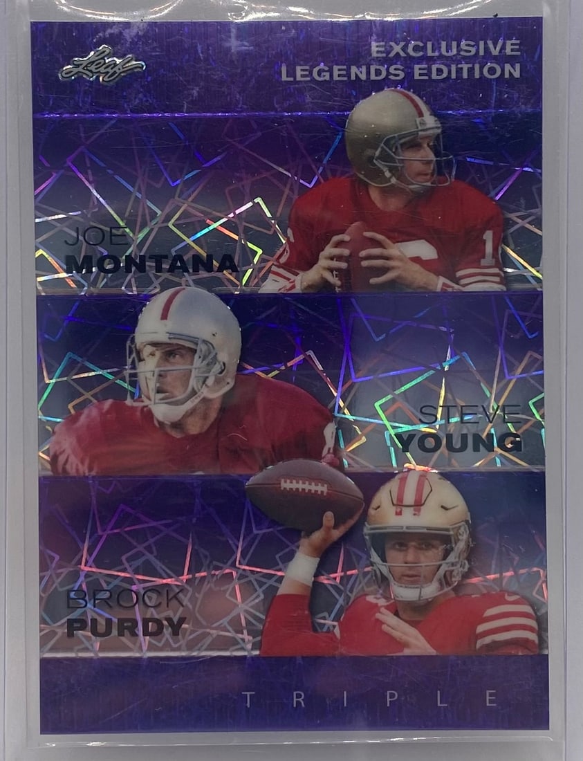 Joe Montana, Steve Young & Brock Purdy Purple Holo /10: 2024 Leaf Exclusive Legends Edition Triple Joe Montana, Steve Young & Brock Purdy Purple