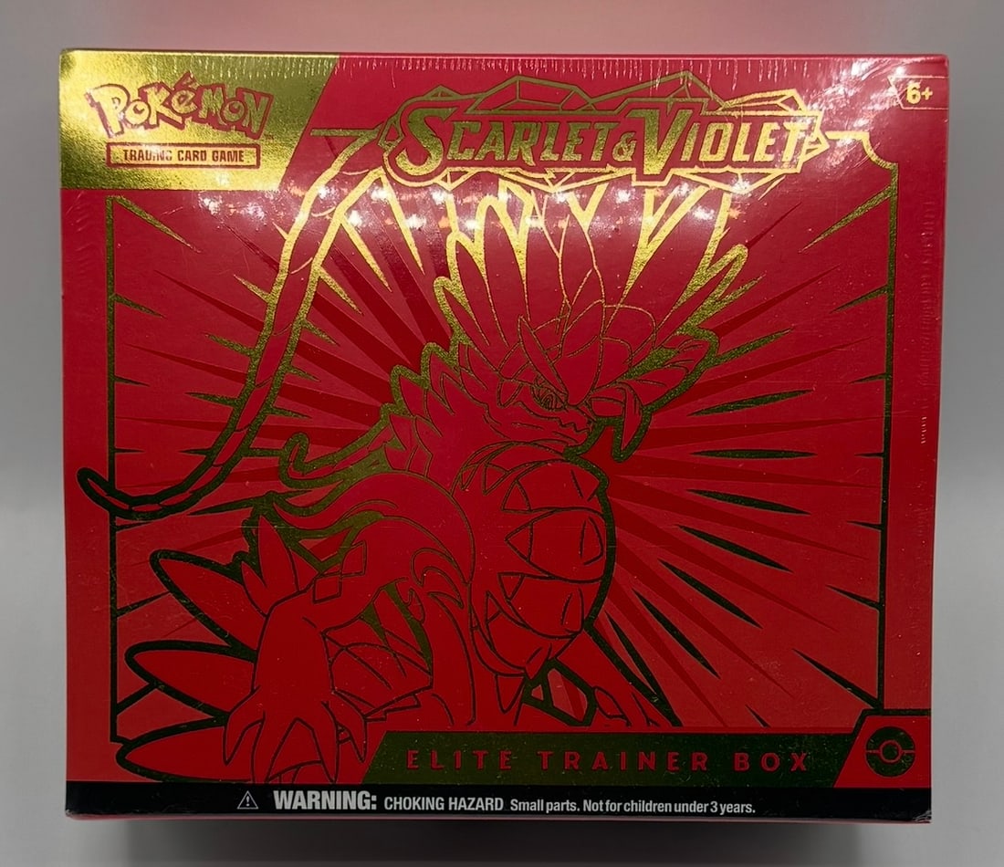 Pokémon Koraidon Elite Trainer Box - Factory Sealed: Official Pokémon Trading Card Game Scarlet & Violet Elite Trainer Box featuring Koraidon art. Original factory shrink wrap intact. Includes booster packs, card sleeves, energy cards, dice, condition 