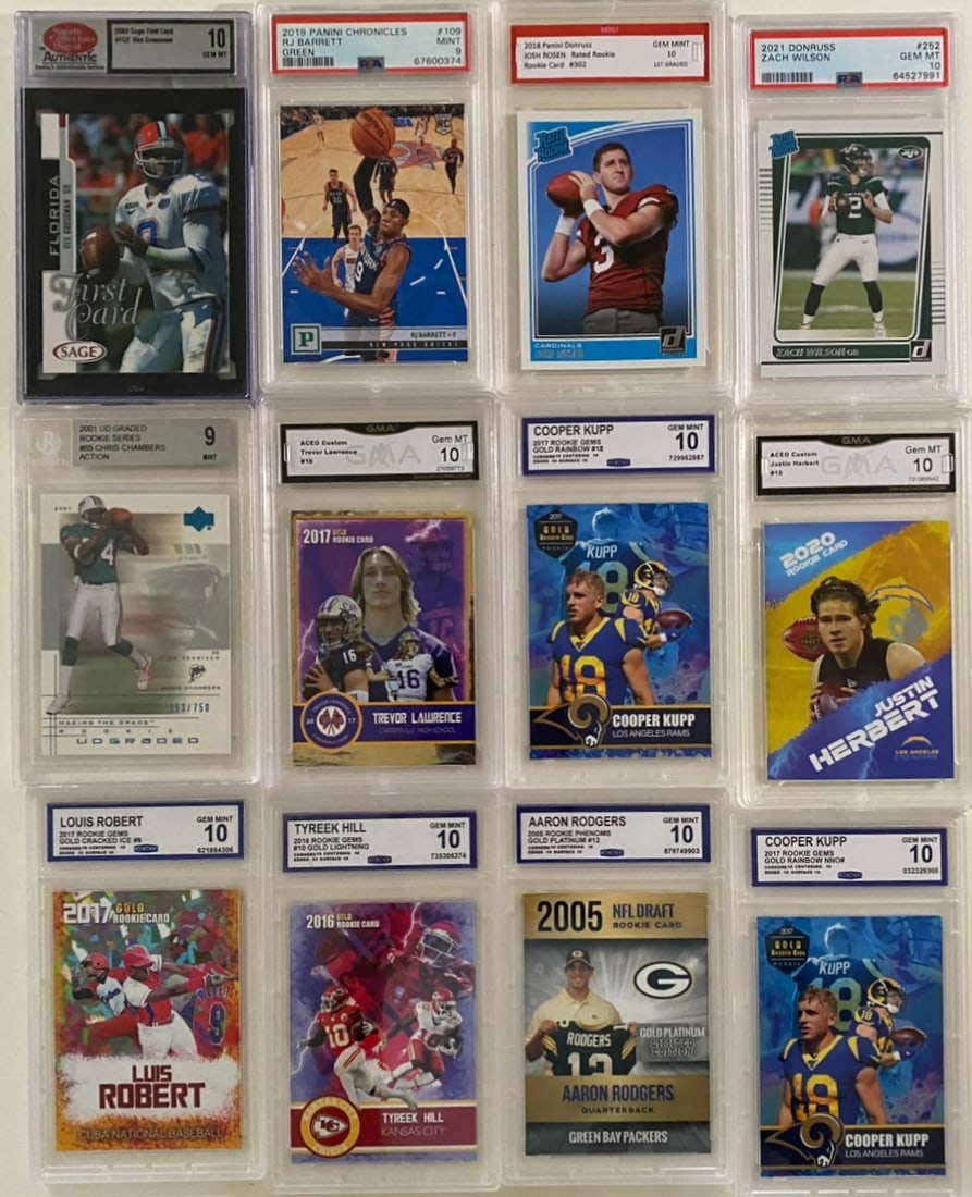 Zach Wilson PSA 10, Trevor Lawrence, Cooper Kupp, Justin Herbert & Aaron Rodgers Cards Lot: Offered here is a 12-card collection of graded sports trading cards featuring star NFL quarterbacks, elite wide receivers, and MLB/NBA prospects. This lot includes cards encapsulated by major