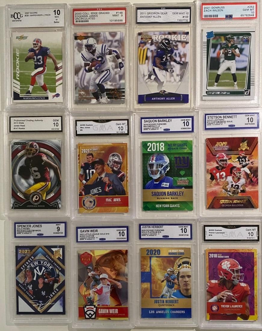 PSA Zach Wilson 10, Edgerrin James, Marshawn Lynch BCCG 10 & Saquon Barkley Cards Lot: Offered here is a 12-card multi-sport lot featuring graded trading cards across NFL football, MLB baseball, and Little League World Series highlights. This collection includes slabbed cards from major